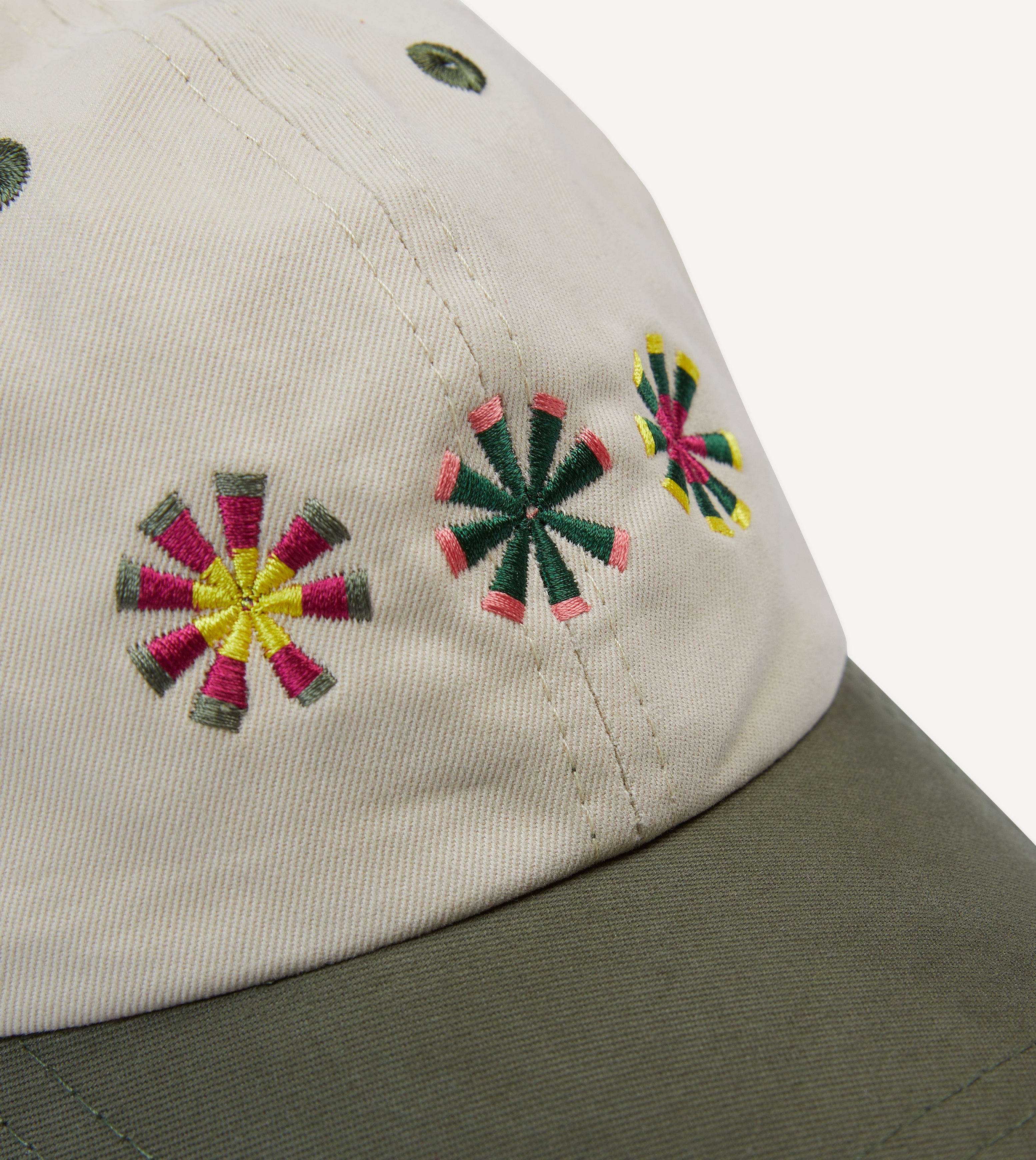 Ecru & Green Kantha Suns Emblem Cotton Baseball Cap - Vintage Indian Embroidery Unisex Adjustable Hat for Outdoor, Travel & Fashion