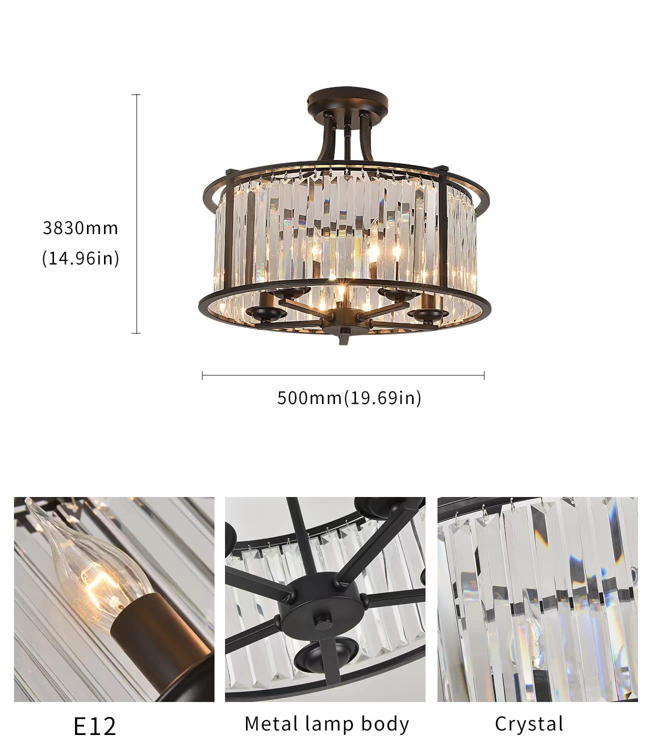 5-Light Black Semi Flush Mount Crystal Chandelier - Modern Metal Ceiling Light Fixture for Living Room, Dining Room, Kitchen, Bedroom, Foyer & Hallway - 19.69