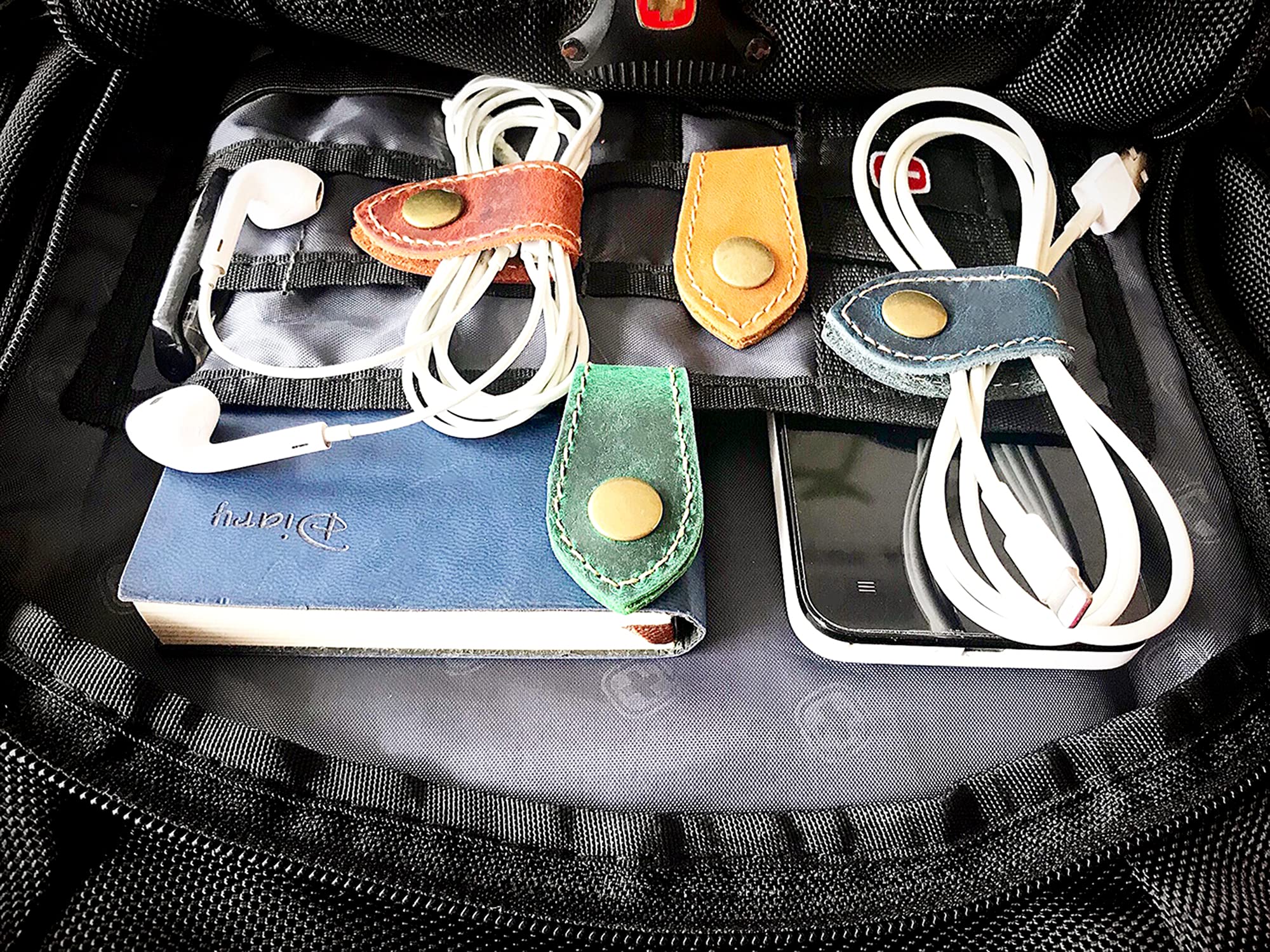 Premium Cord Organizer & Cable Management Kit - USB Holder, Earbud Case, Headphone Winder & Leather Cable Clips for Phone, Computer, Office, Travel - Perfect Desk & Home Organization Accessories