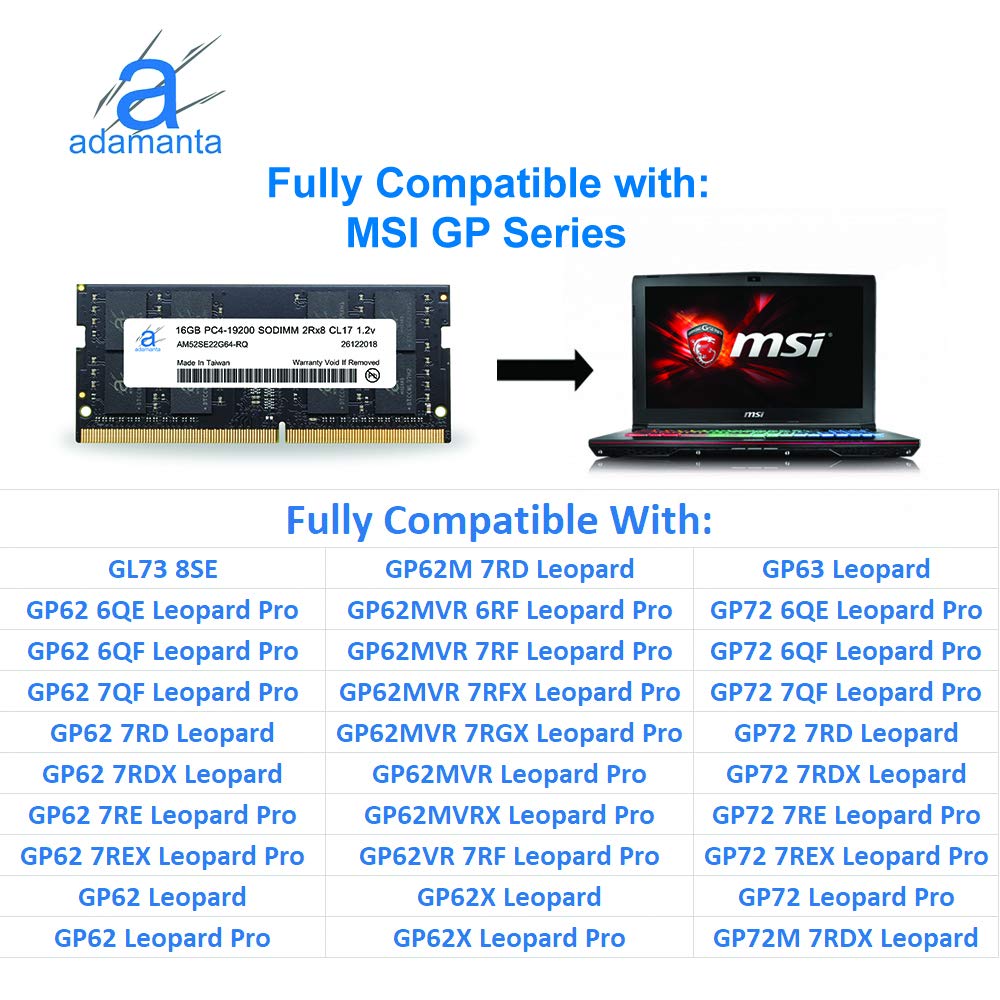 Adamanta 16GB DDR4 2400MHz SODIMM Laptop RAM (1x16GB, PC4-19200, CL17, 1.2V) - Compatible with MSI GP/GT/GS Series Notebooks - Perfect for Gaming, Video Editing & Multitasking