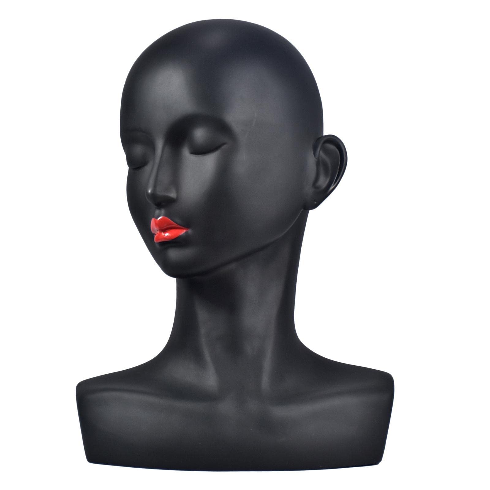 Bonarty PVC Bald Female Cosmetology Mannequin Head for Wig Making, Hairstyling Practice & Hat Display - Black | Perfect for Beauty Schools, Salon Training & Cosplay Styling