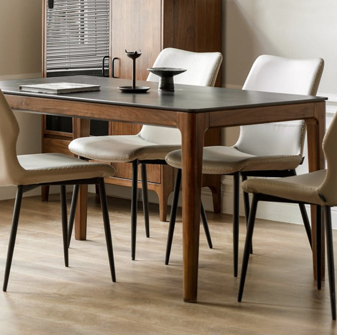 Premium Black Walnut Wood Dining Table with Natural Slate Stone Top - Elegant Farmhouse Style for Dining Room, Kitchen, or Rustic Home Decor