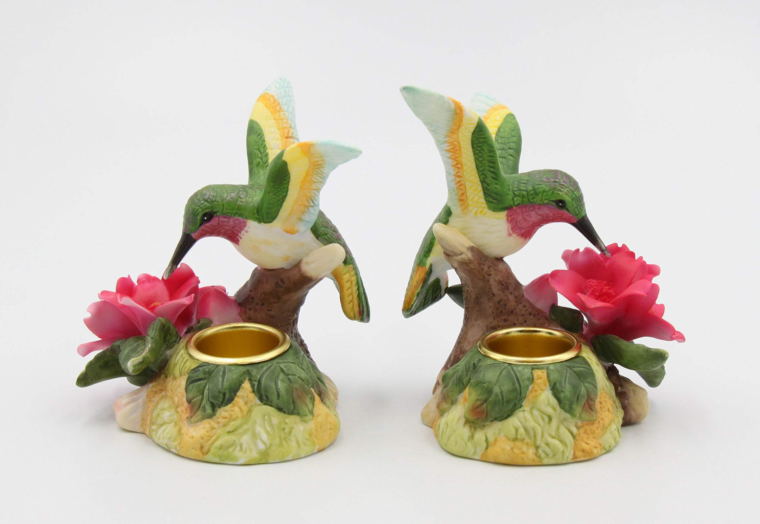 Elegant Fine Porcelain Hummingbird & Red Malus Flower Taper Candle Holders - Set of 2 (3.5