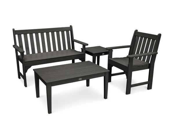 Polywood Black Vineyard 4-Piece Outdoor Bench Seating Set - Durable Recycled Plastic Furniture for Patio, Garden & Backyard