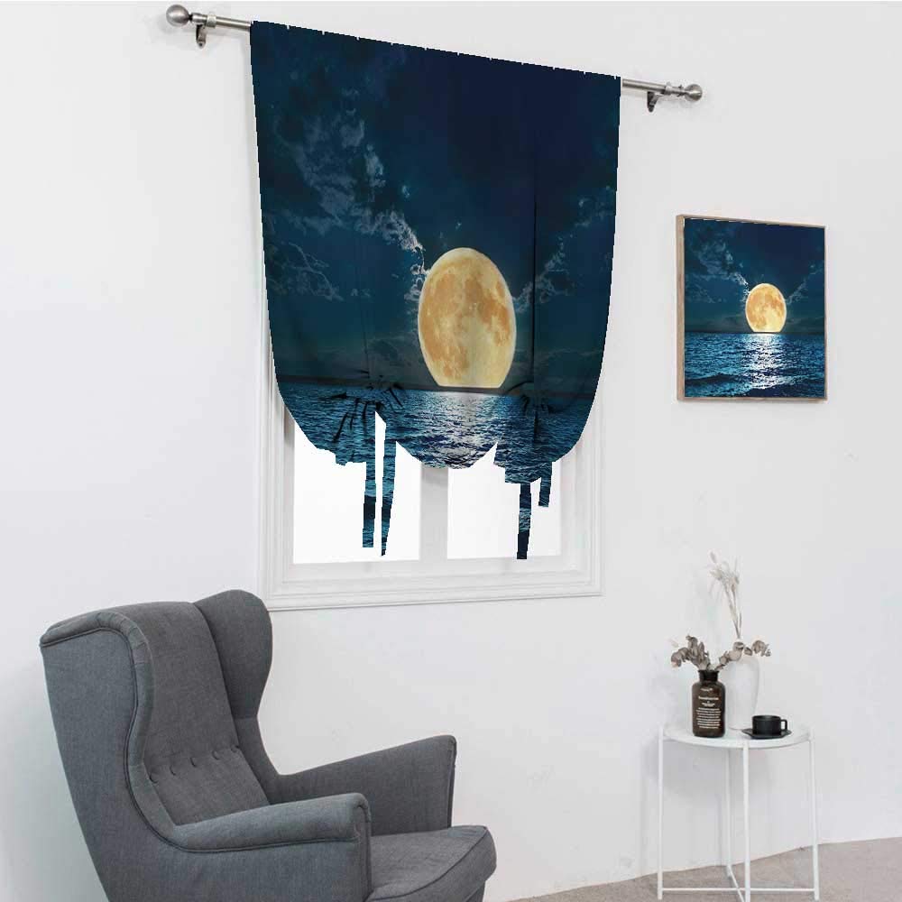Ocean Themed Thermal Blackout Curtains - Super Moon Over Midnight Sea Dreamy Print Window Shades for Bedroom & Living Room, Yellow Navy, 30x64 Inches, Perfect for Coastal Decor & Light Blocking