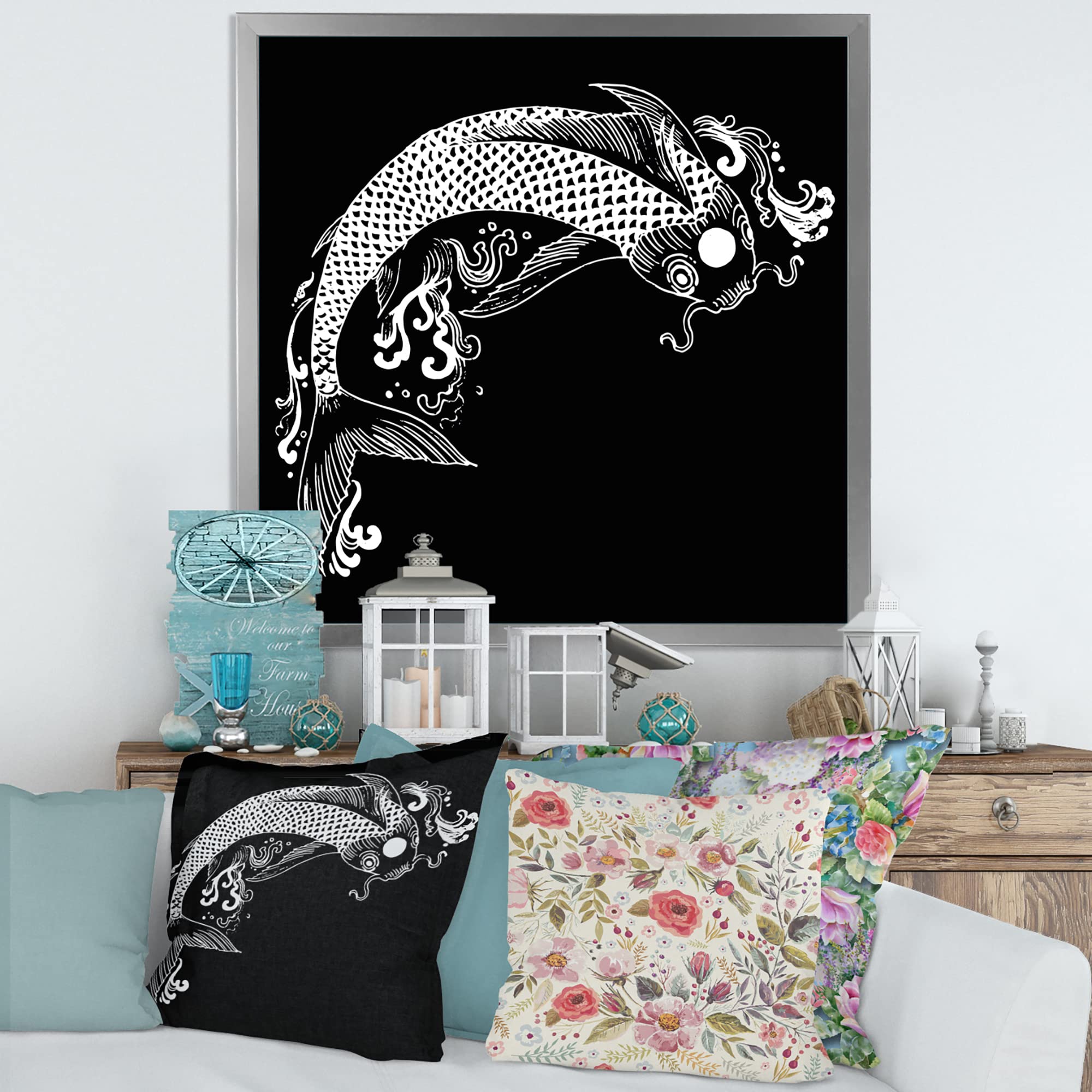 DesignQ Chinoiserie Koi Fish Traditional Framed Wall Art - Asian Home Decor, Living Room & Office Wall Painting for Zen Interior Design