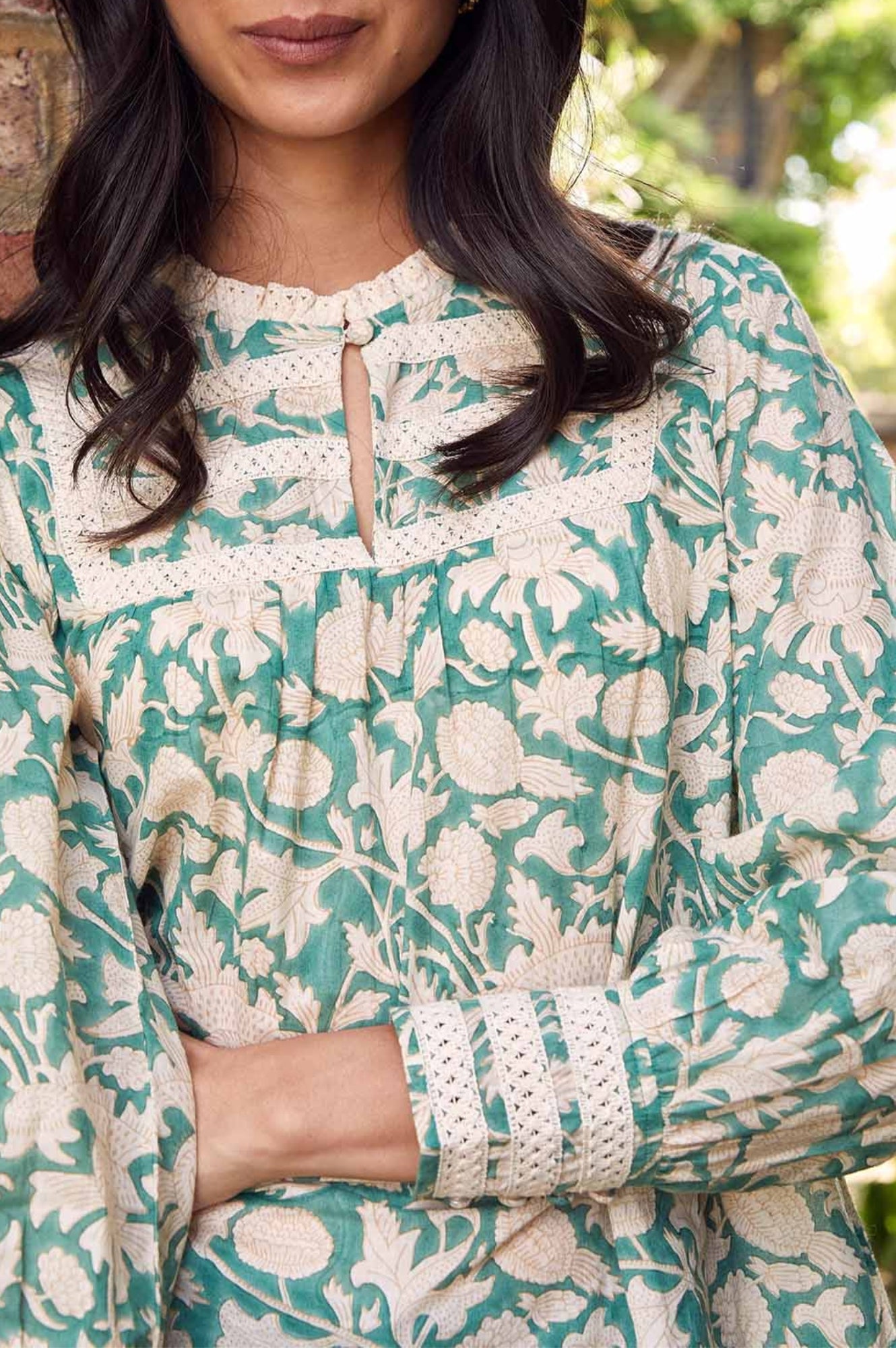 Margot Block Print Blouse - Floral Embroidered Women's Top in Tea Rose Green & Taupe | Boho Chic Shirt for Casual Wear, Office Outfits & Summer Vacation