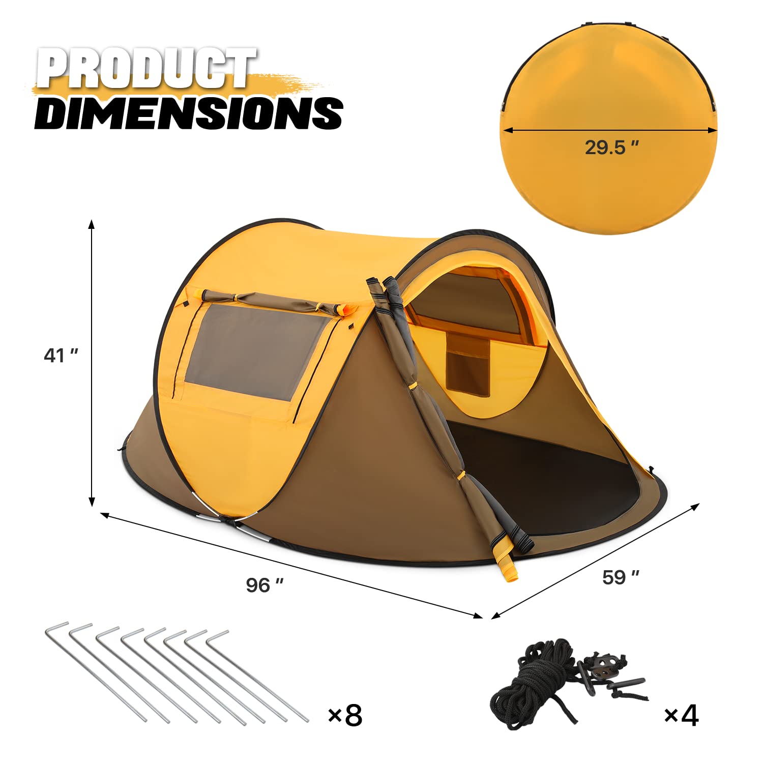 MoNiBloom 2-Person Pop Up Tent - Waterproof Instant Setup Camping Tent for Outdoor, Beach & Travel - Lightweight Automatic Popup Tent with 2 Doors, Side Windows & Carry Bag - Perfect for Family Camping, Beach Trips & Backpacking Adventures (Yellow)