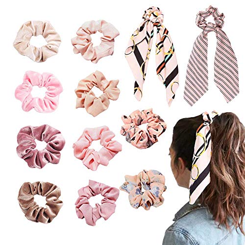 Trendy Club 5-Pack Velvet & Chiffon Hair Scrunchies with 2 Hair Scarves - Soft Satin Elastic Hair Ties for Women & Girls - Perfect for Ponytails, Buns & Everyday Hair Accessories