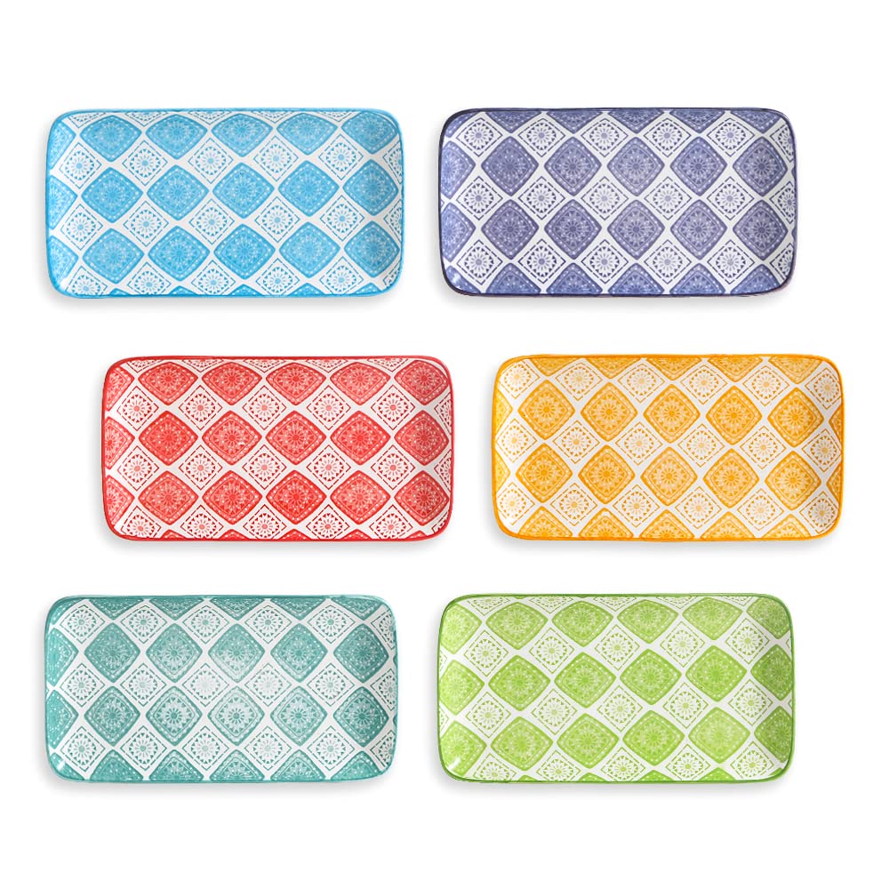 AHX 6-Piece Colorful Ceramic Appetizer Plates Set - 8 Inch Rectangular Small Serving Dishes for Sushi, Tapas, Desserts & Snacks | Microwave & Dishwasher Safe | Perfect for Parties, Picnics & Home Entertaining
