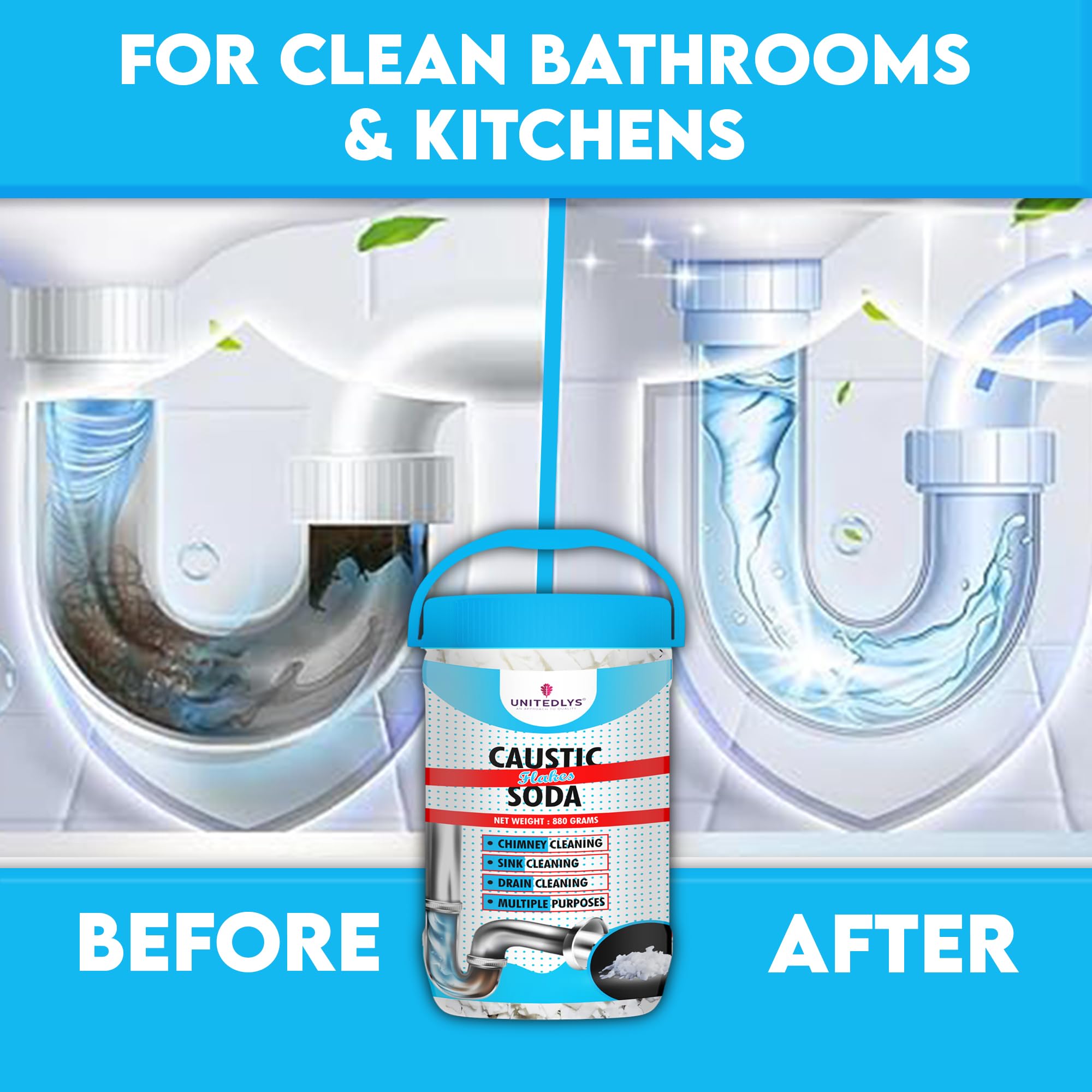 Unitedlys® Caustic Soda Drain Cleaner Powder 880G - Fast-Acting, Non-Toxic & Odorless Pipe Unclogger | Heavy-Duty Sink & Shower Drain Opener | Safe for Kitchen, Bathroom & Septic Systems | Professional-Grade Drain Maintenance Solution