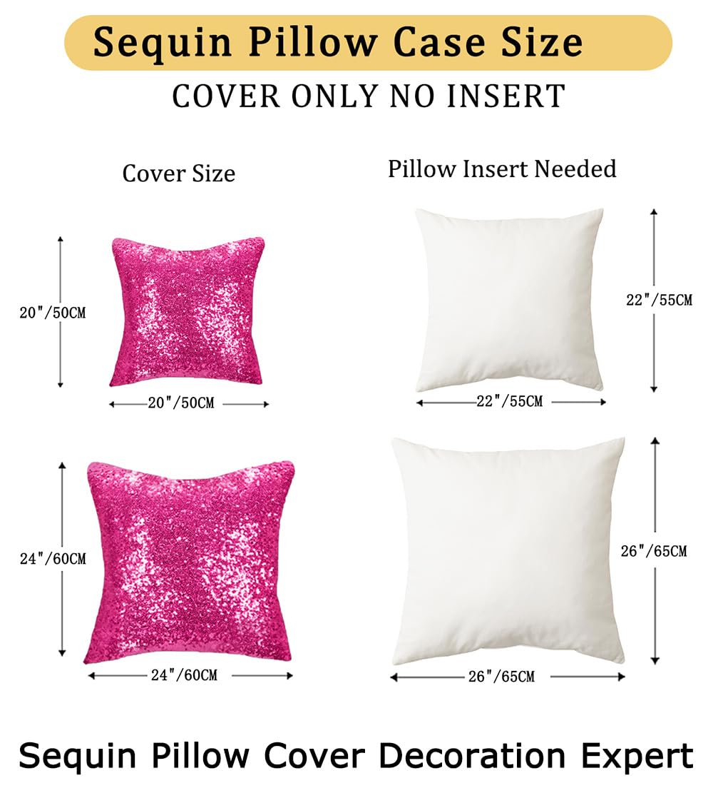 ShinyBeauty 24x24 Inch Sequin Pillow Covers - Pack of 2 Hot Pink Decorative Throw Pillow Cases for Sofa, Bed & Couch - Soft Reversible Sequined Cushion Covers for Home Decor, Living Room & Bedroom