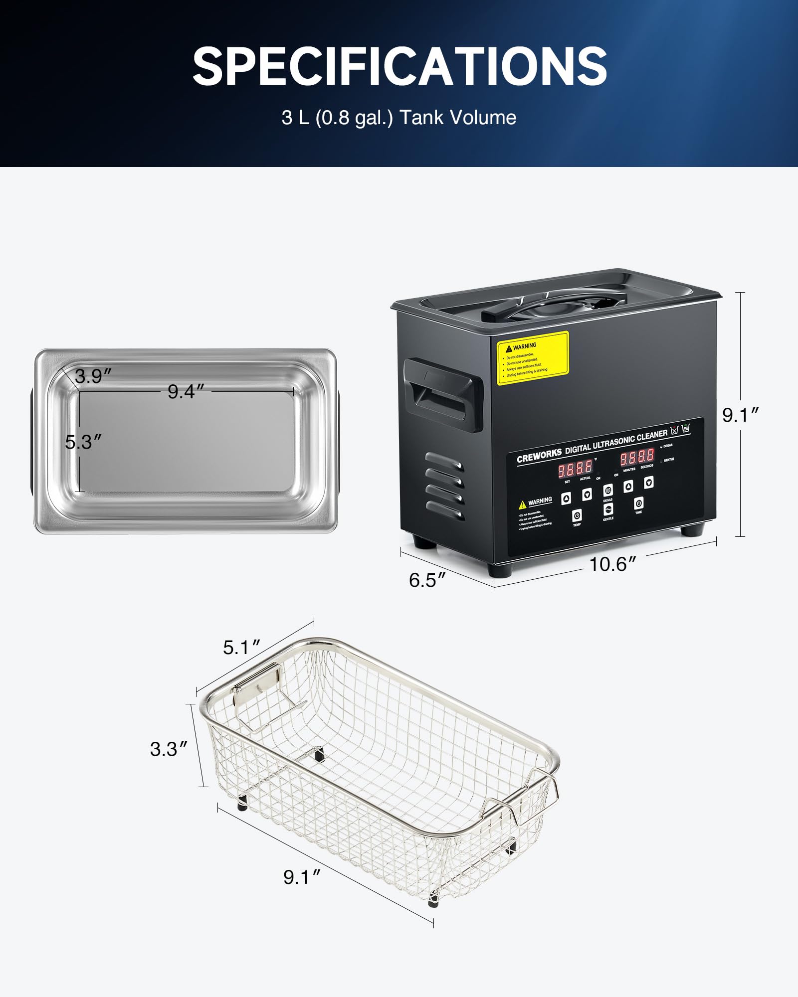 CREWORKS 3L Digital Ultrasonic Cleaner with Degas & Gentle Mode, 120W Heated Ultrasonic Cleaning Machine with Timer, 0.8 Gallon for Jewelry, Watches, Dentures, Glasses, Retainers - Perfect for Home & Professional Use