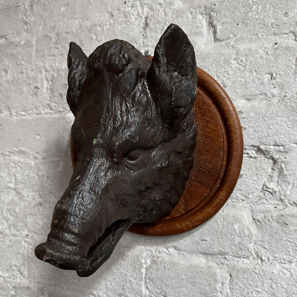 Antique Black Forest Carved Black Boar Head Wall Mount - Handcrafted Wooden Hunting Trophy Decor (23B02) | Rustic Cabin, Lodge & Man Cave Wall Art