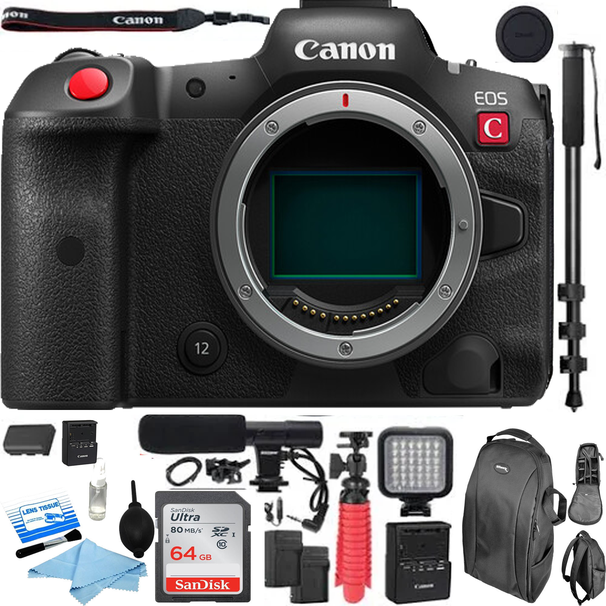 Canon EOS R5 C Mirrorless Digital Camera Body with Pro Kit - Includes External Microphone, LED Light, Monopod & Camera Backpack | Perfect for 8K Video Shooting, Vlogging, Photography & Professional Film Production