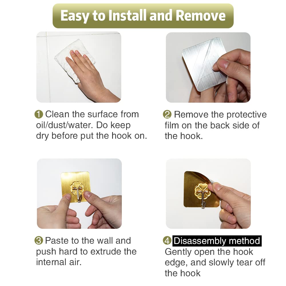 Heavy Duty Adhesive Wall Hooks - 10 Pack Rotating Sticky Hangers for Kitchen, Bathroom, Bedroom (Gold) | Perfect for Hanging Towels, Robes, Keys & Home Decor