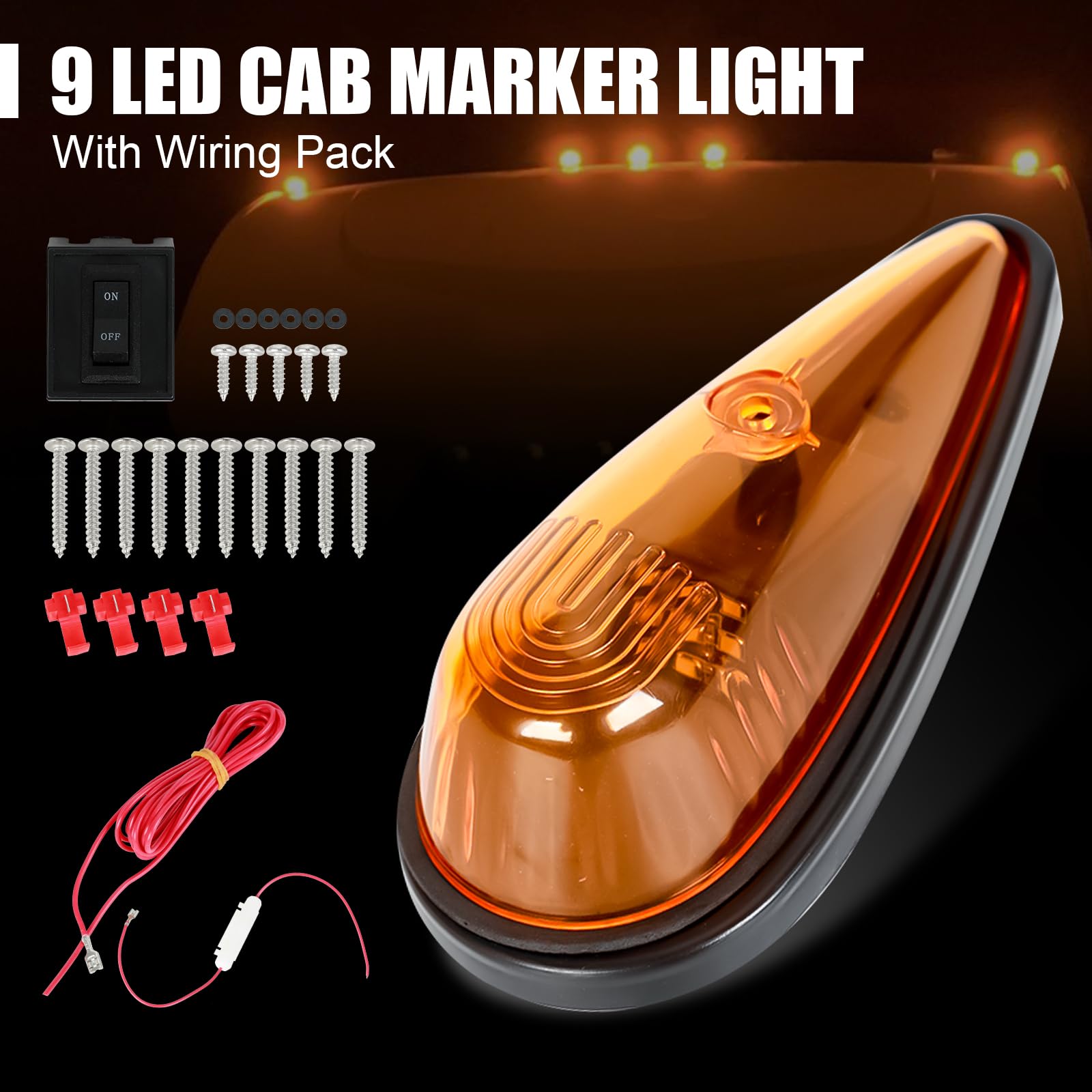 5Pcs Amber Teardrop Cab Lights - 9LED Truck Marker Lights with Wires & Mounting Kit - Waterproof Clearance Roof Running Lights for Pickups, Vans, Semis, RVs - Ideal for Night Driving & Road Safety