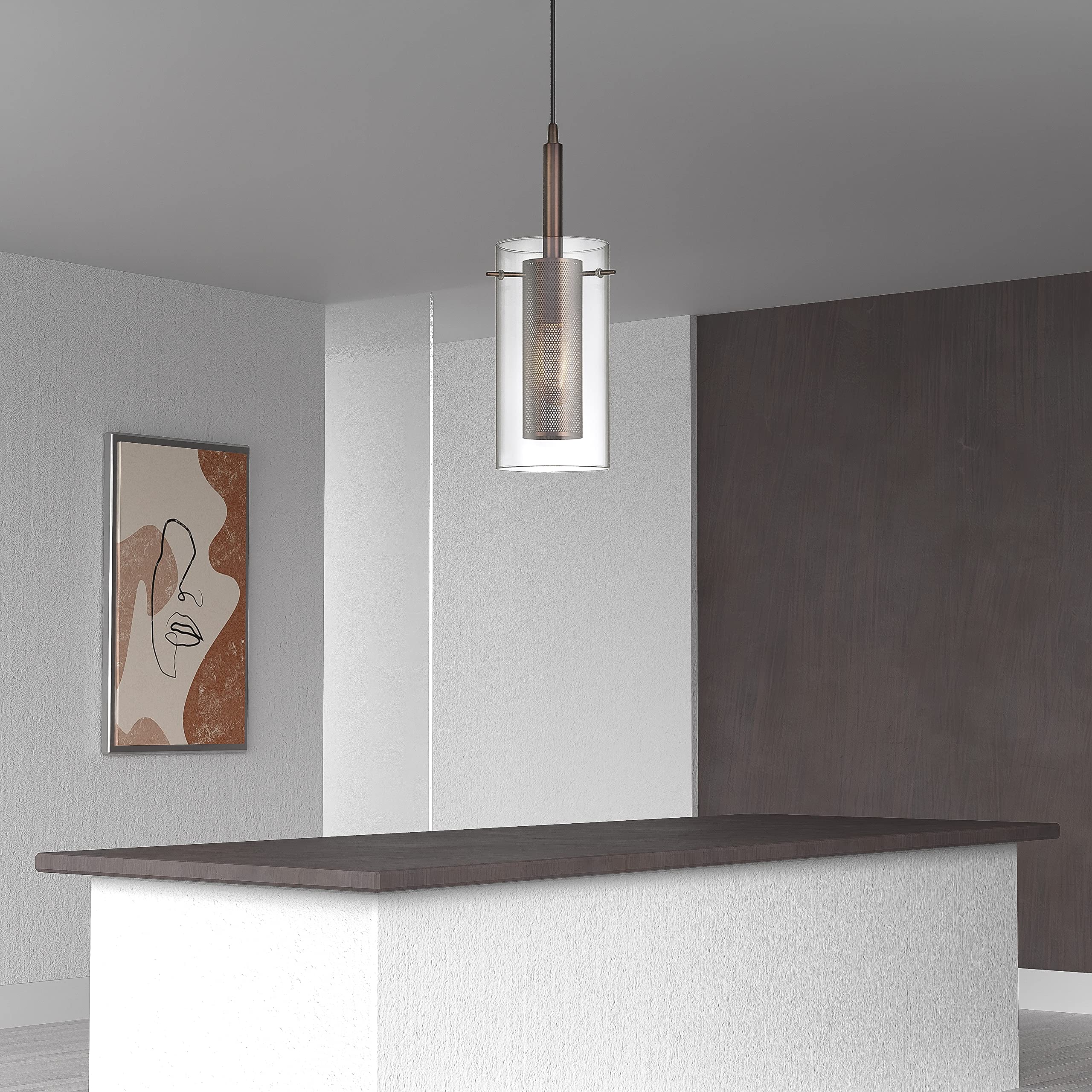 Dainolite 1LT Modern Industrial Metal and Glass Pendant Light Fixture - Perfect for Kitchen Island, Dining Room, or Bar Lighting