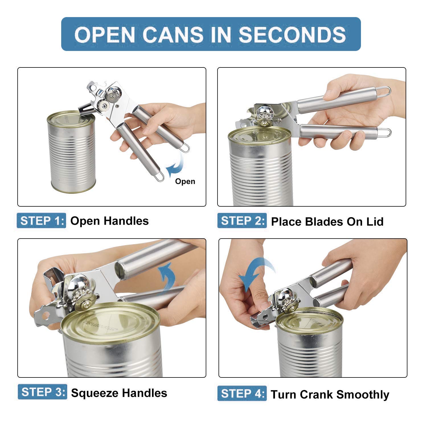 Premium Stainless Steel Manual Can Opener with Bottle Opener - Food Safe, Non-Slip Grip, Smooth Edge & Sharp Blade - Ideal for Kitchen, Camping, Picnics & Emergency Preparedness (Silver)