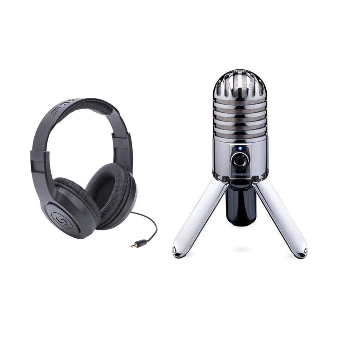 Samson Meteor USB Studio Microphone with Large Diaphragm & SR350 Over-Ear Headphones - Chrome Finish - Perfect for Podcasting, Streaming, Gaming & Home Recording