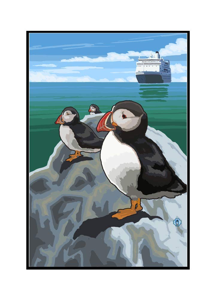 Puffin and Cruise Ship Pacific Ocean Art - 24x36 Framed Gallery Wrapped Stretched Canvas Wall Decor - Perfect for Living Room, Bedroom, Office & Coastal Themed Spaces