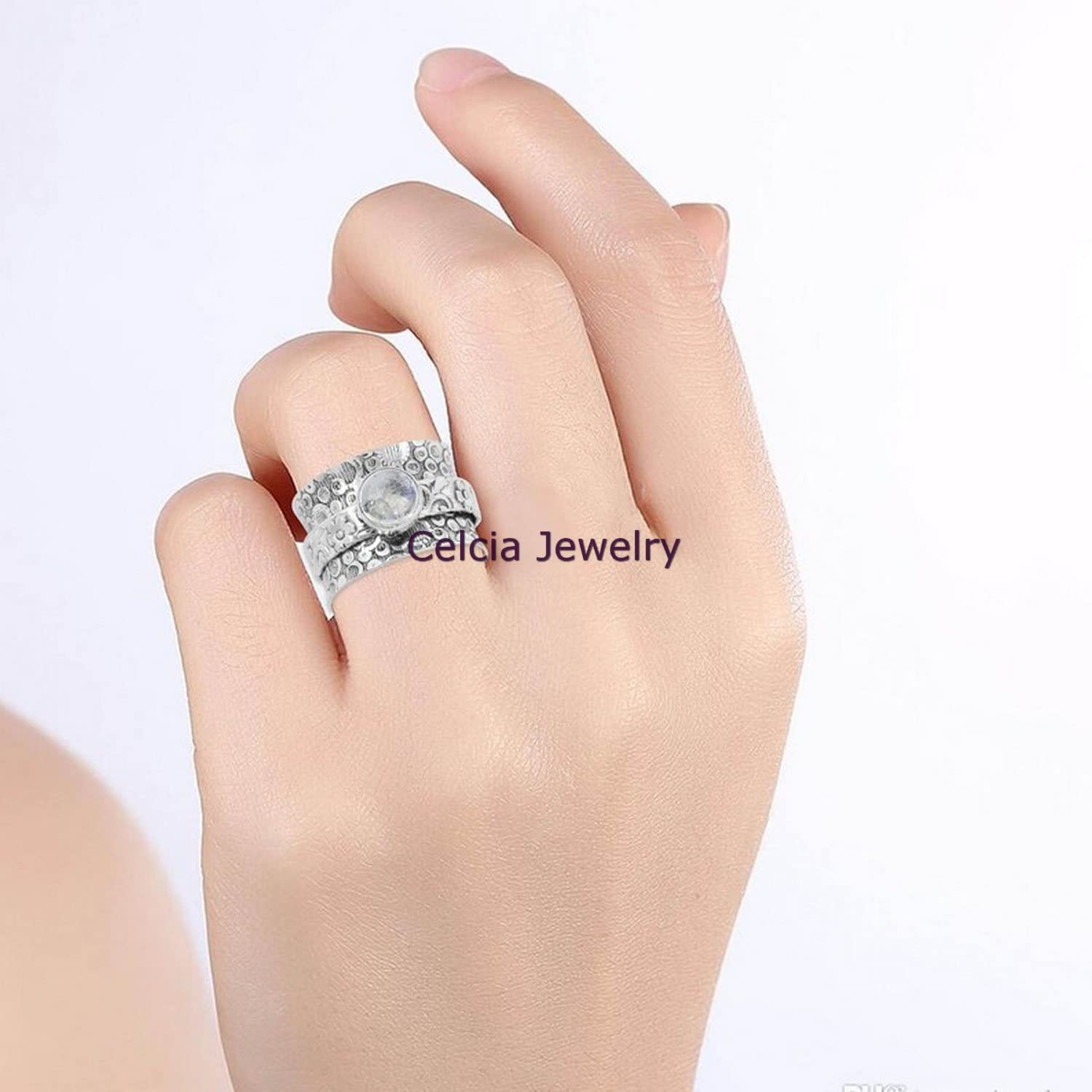Natural Moonstone Spinner Ring for Anxiety Relief - Fidget Spinning Thumb Ring for Meditation & Stress Relief - Beautiful June Birthstone Jewelry (Size 7) - Perfect for Office, Travel & Daily Wear
