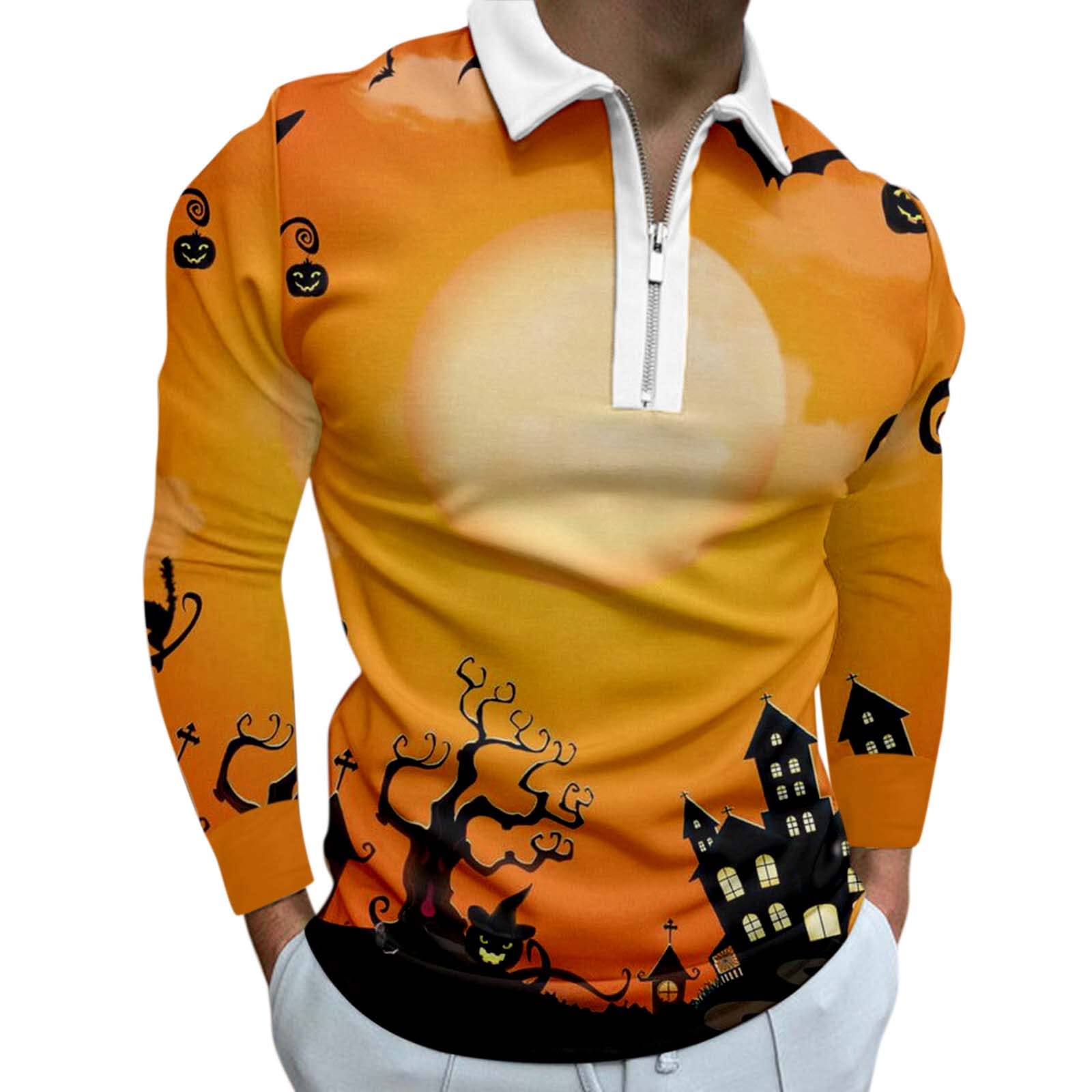 RTPR Men's Casual Halloween Print Zipper Shirt - Long Sleeve Turn Down Collar Blouse for Party, Cosplay & Everyday Wear