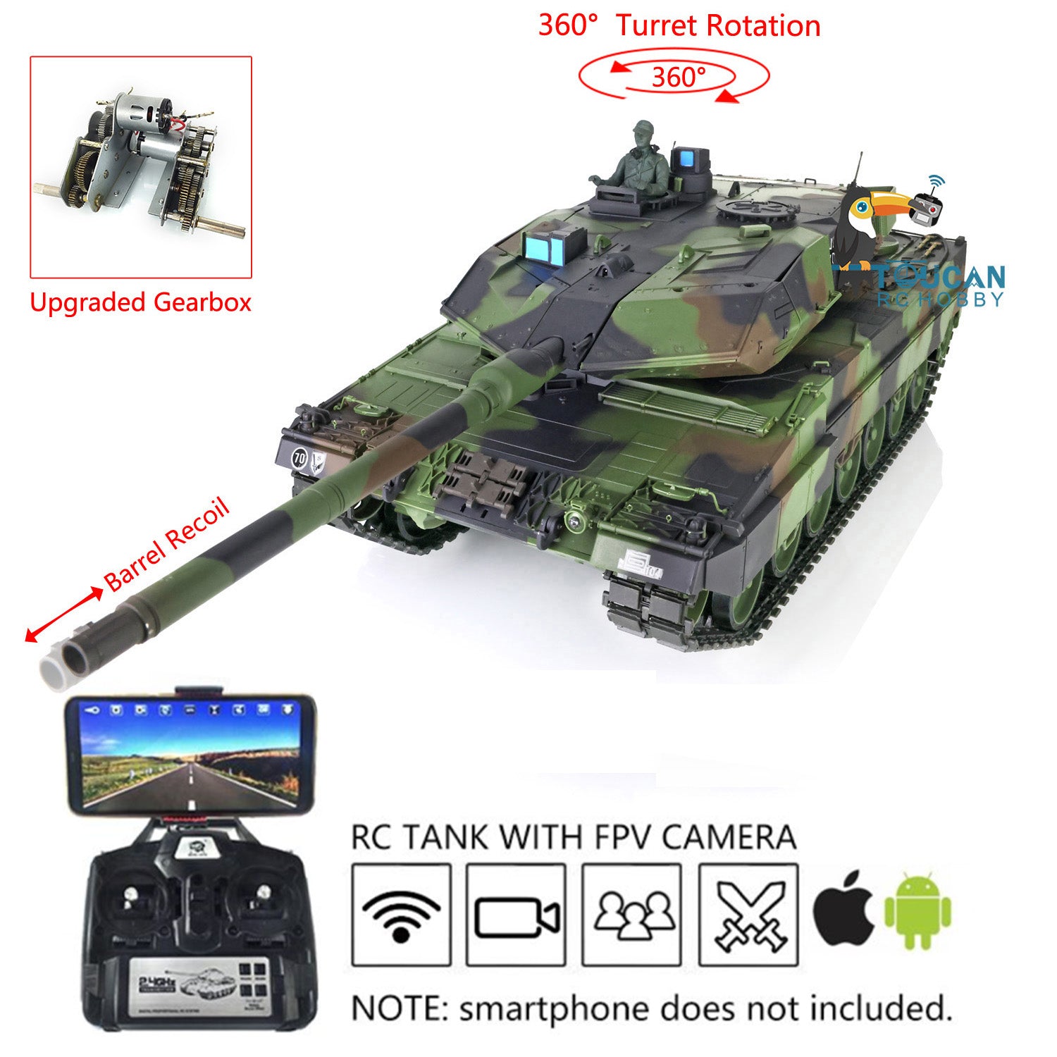 Heng Long 1/16 Scale TK7.0 Leopard 2A6 RC Tank Model 3889 with IR Battle System, FPV, Ready-to-Run, LED Lights, Realistic Sounds & Smoke - Perfect for Military Enthusiasts, RC Hobbyists and Outdoor Battle Games