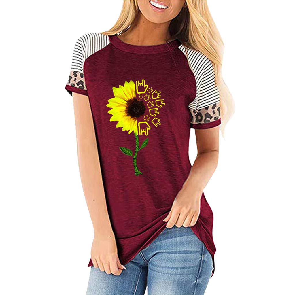 Lozeny Women's Floral Sunflower Graphic T-Shirt - Patchwork Summer Plaid Short Sleeve Blouse Pullover Tunic Top | Casual Outfit, Beach Wear & Vacation Style