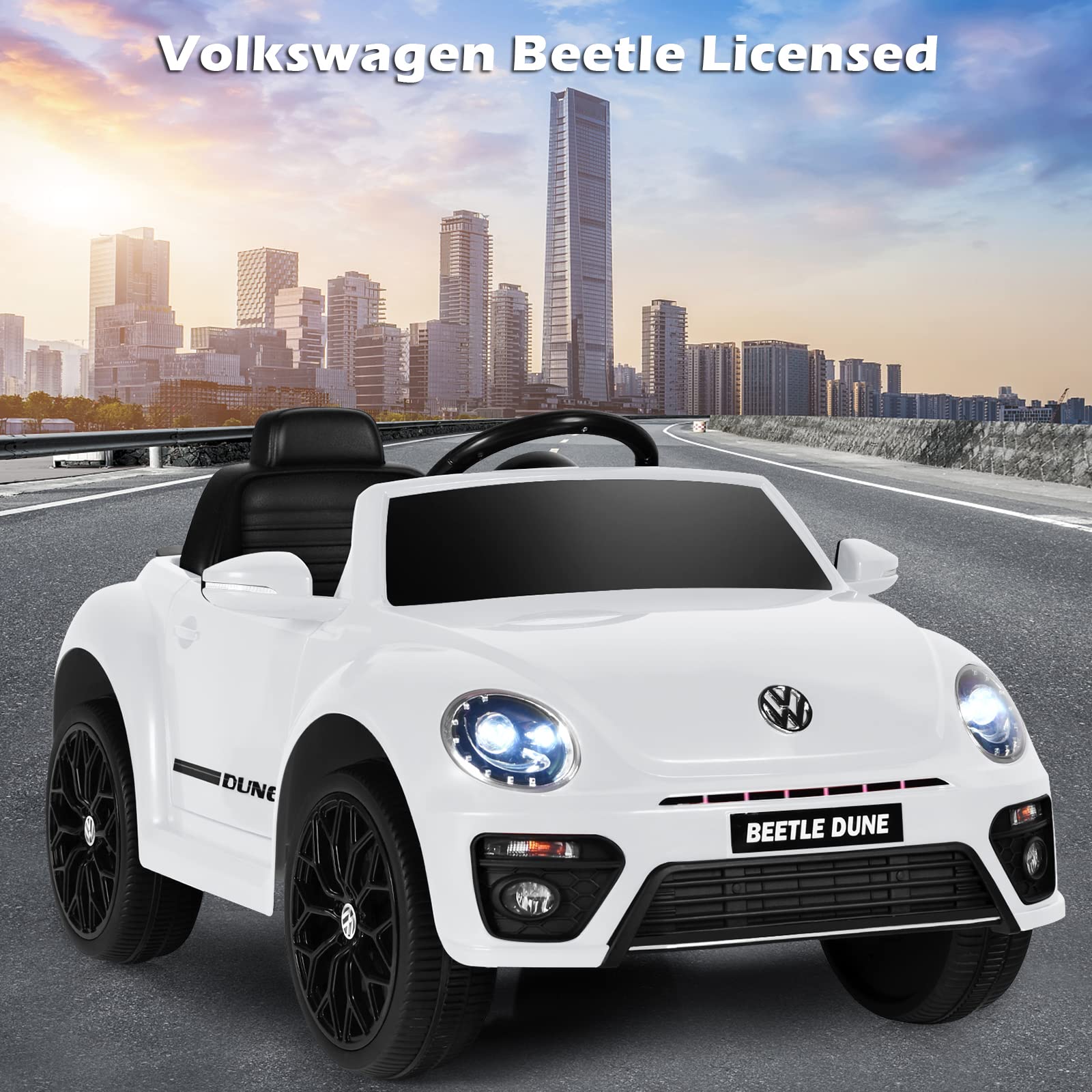Costzon 12V Licensed Volkswagen Beetle Kids Electric Ride-On Car with Remote Control, Spring Suspension, LED Lights, USB Port, Horn & Music – 4-Wheeler Battery-Powered Vehicle for Boys & Girls (White) | Perfect Birthday Gift, Outdoor Play & Pretend Driving Fun