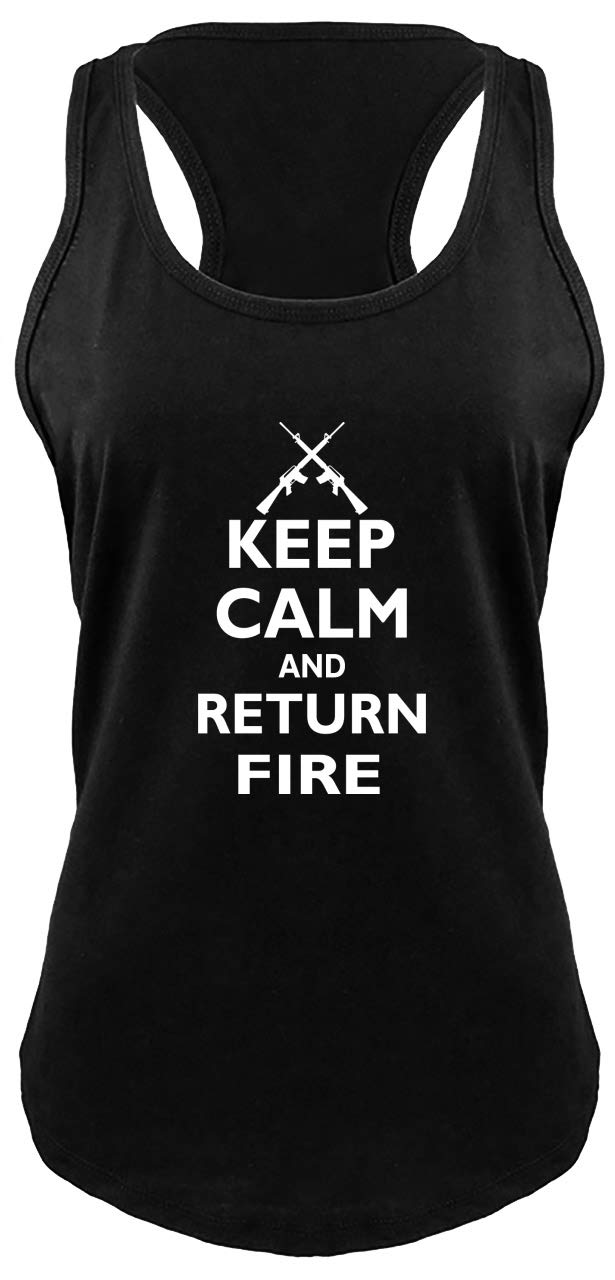 Funny Guns Rights Shirt for Women - Keep Calm & Return Fire Comical Racerback Tank Top - Perfect for Range Days, 2A Events & Conservative Outings