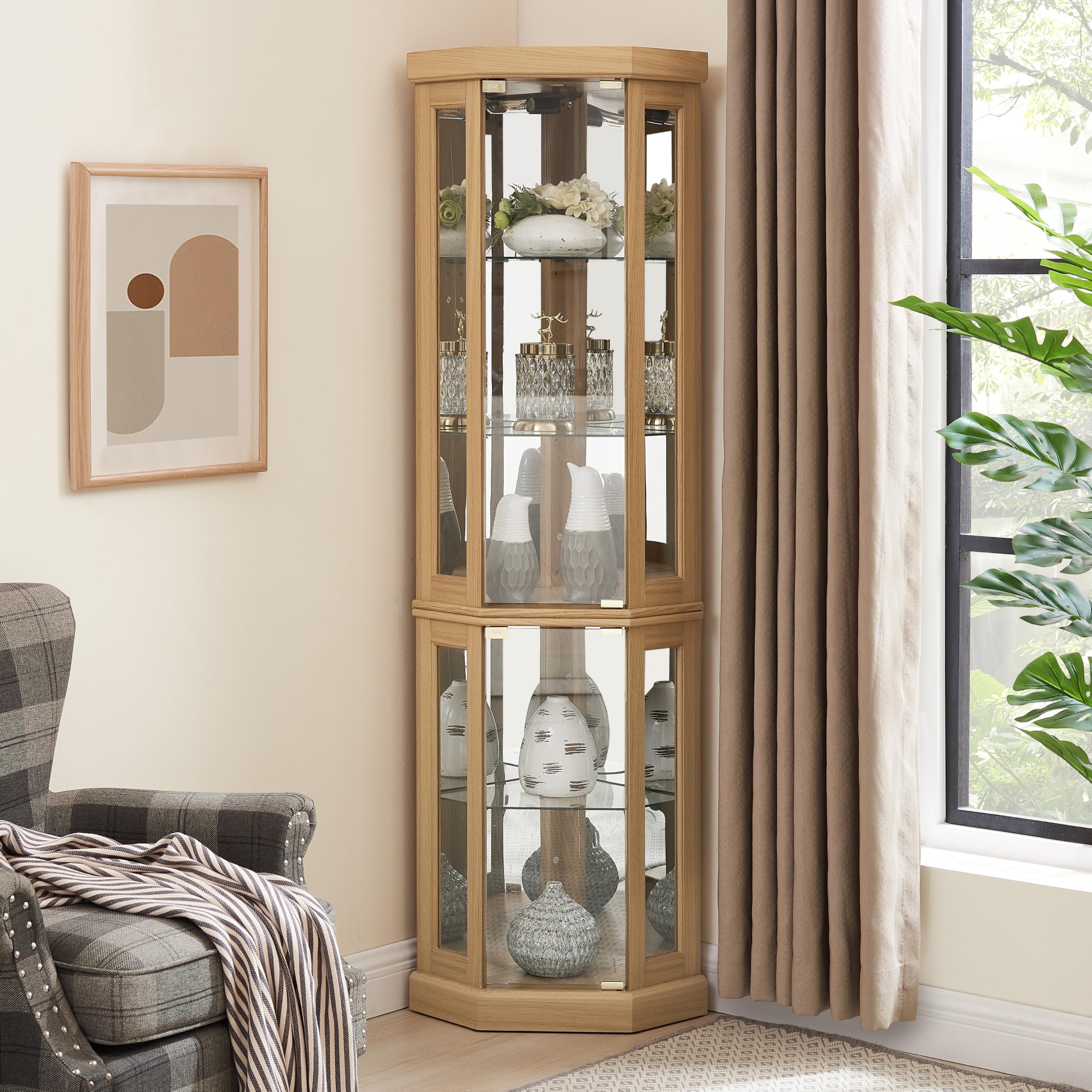 Lighted Corner Glass Display Cabinet - Curio Cabinet for Living Room, Antique & Wine Collection, Bar Glass Storage with Built-in Light (Light Oak) - Perfect for Showcasing Collectibles, China, or Liquor Bottles in Home Decor