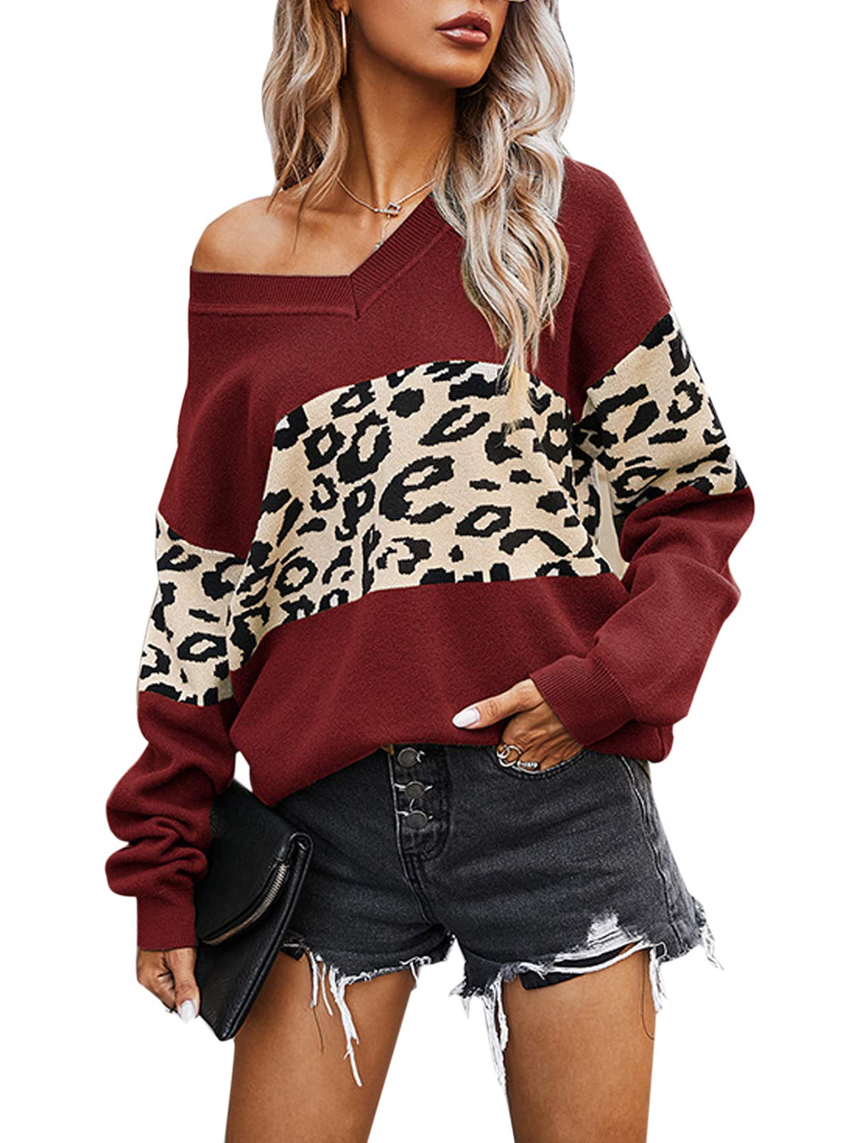 GLIENST Women's Leopard Print V-Neck Sweater - Cozy Knit Pullover for Casual Outfits