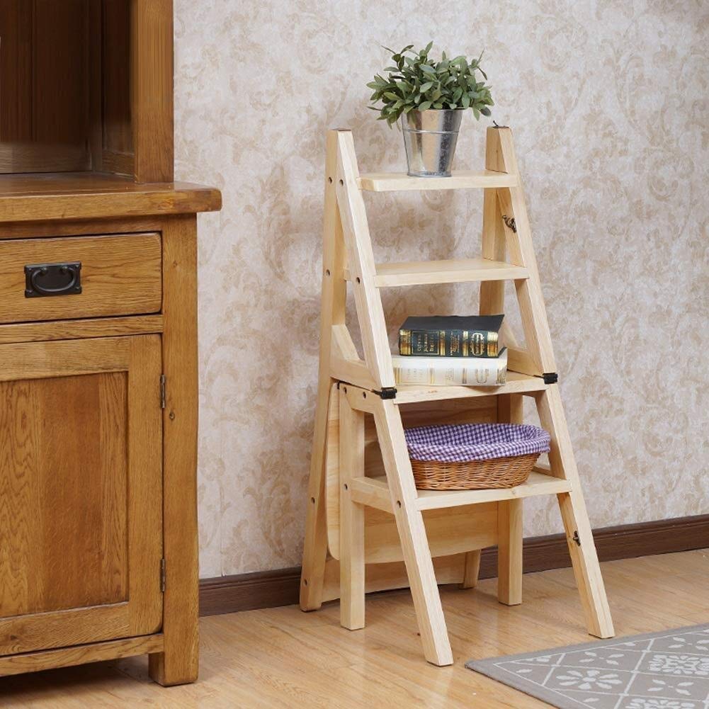 NEVKA Foldable Wooden Step Stool with Wide Pedal - Non-Slip Multifunctional Portable Flower Design Ladder Chair for Home, Kitchen, Bathroom & Gardening (Beige)