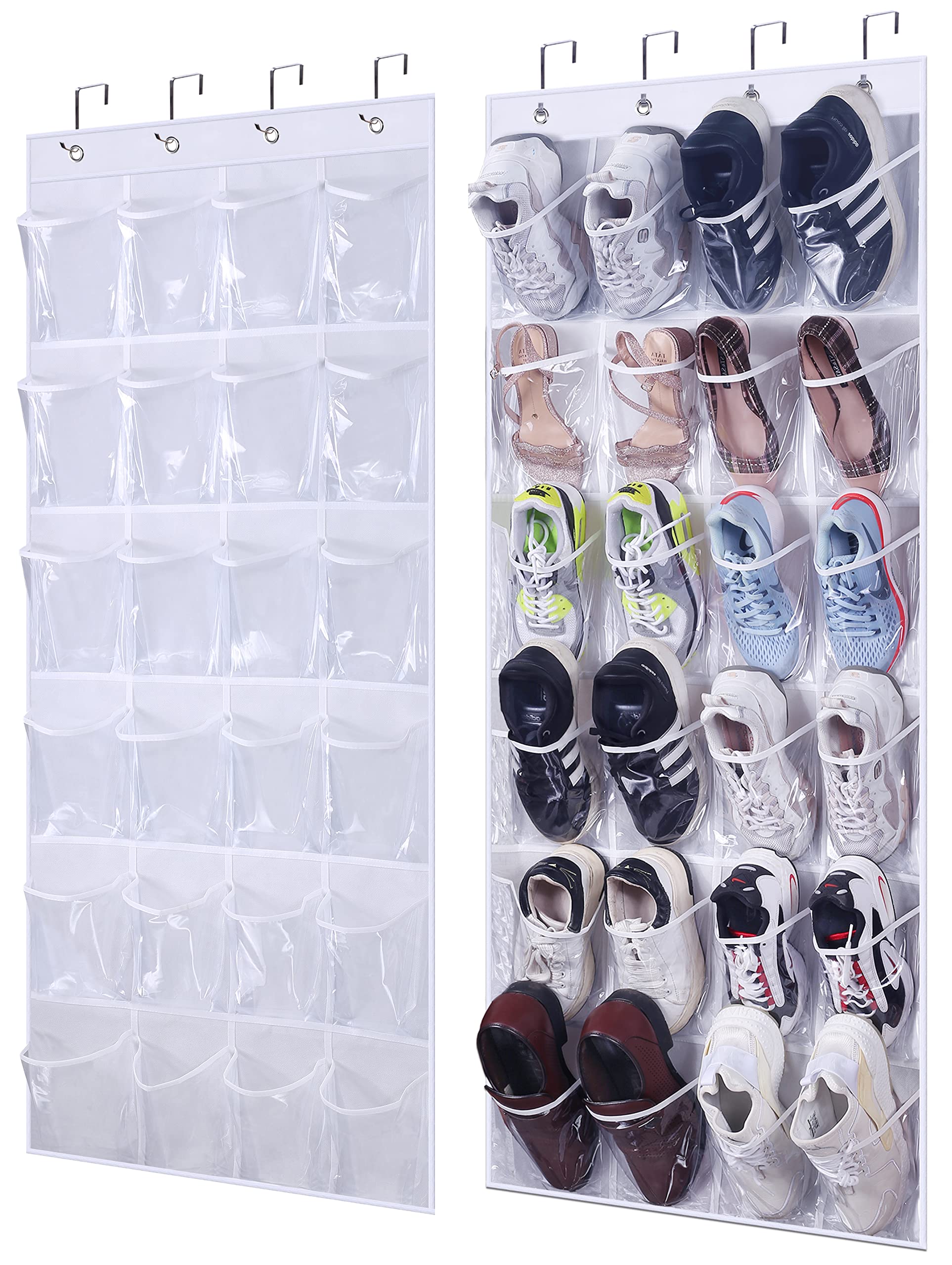Clear Over The Door Hanging Shoe Organizer with Large Pockets - 2 Pack White Closet Storage for Shoes, Accessories & Small Items | Perfect for Bedrooms, Dorms, Closets & Entryway Organization