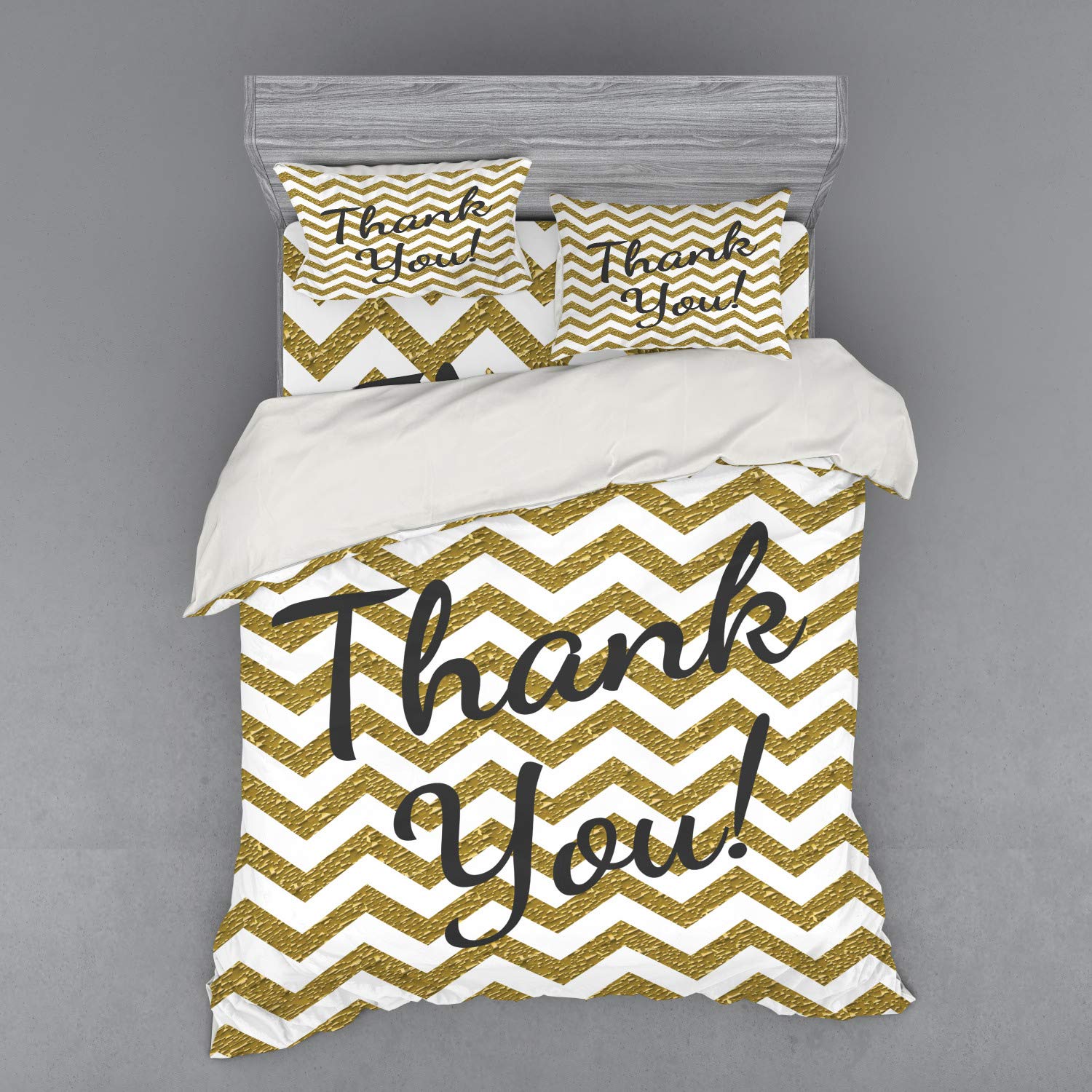 Ambesonne Modern 4-Piece Duvet Cover Set - Geometric Zig Zag Pattern with Colored Stones & Thank You Words, California King Size, Charcoal Grey & Yellow - Includes Shams & Fitted Sheet - Perfect for Contemporary Bedrooms, Guest Rooms & Airbnb Styling
