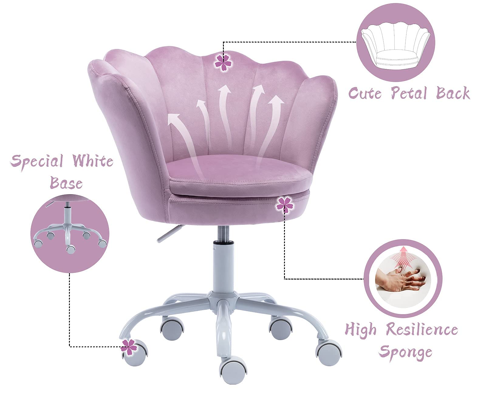 Velvet Kids Desk Chair with Seashell Back - Adjustable Swivel Study Chair for Teens, Children's Computer Homework & Vanity - Purple Accent Armchair for Living Room, Bedroom & Study Area