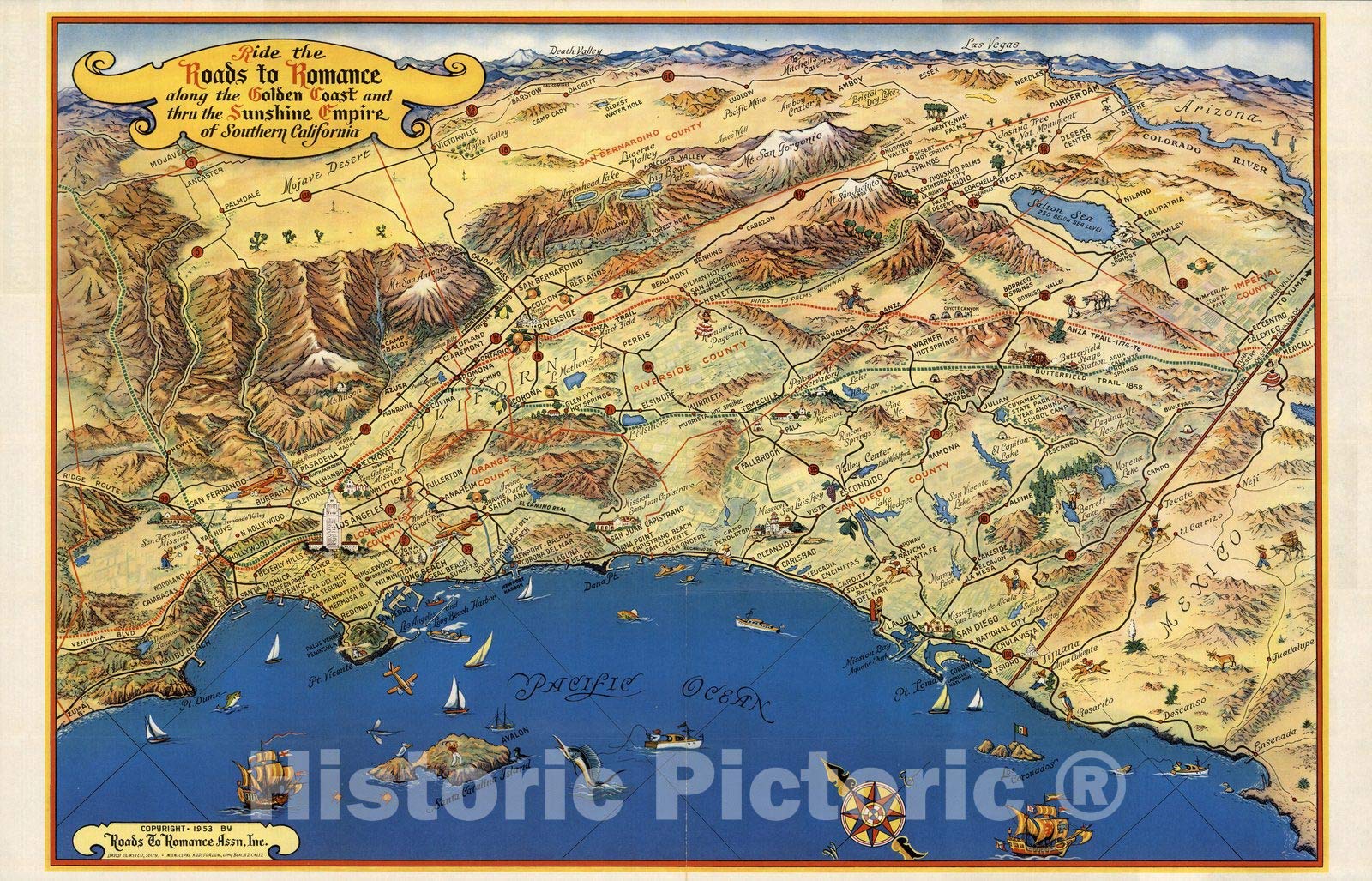 1953 Vintage California Road Map - Southern California Golden Coast Sunshine Empire Travel Poster - 69x44 Inch Retro Wall Art Decor for Home, Office & Travel Enthusiasts