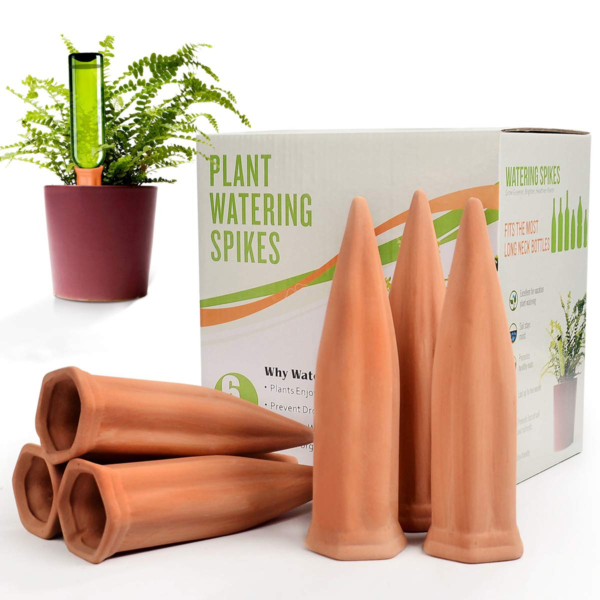 B SEPOR 6-Pack Ceramic Self-Watering Spikes for Plants - Terracotta Wine Bottle Watering Devices - Perfect for Vacation Care & Indoor/Outdoor Gardening