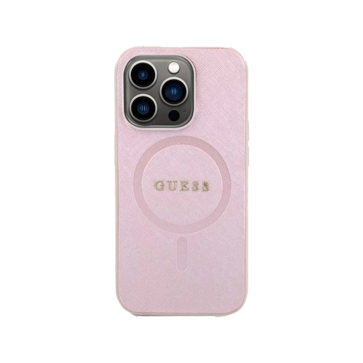 Guess Saffiano Leather MagSafe Phone Case for iPhone 15 Pro - Pink | Slim Protective Cover with Magnetic Alignment | Perfect for Work, Travel & Everyday Use