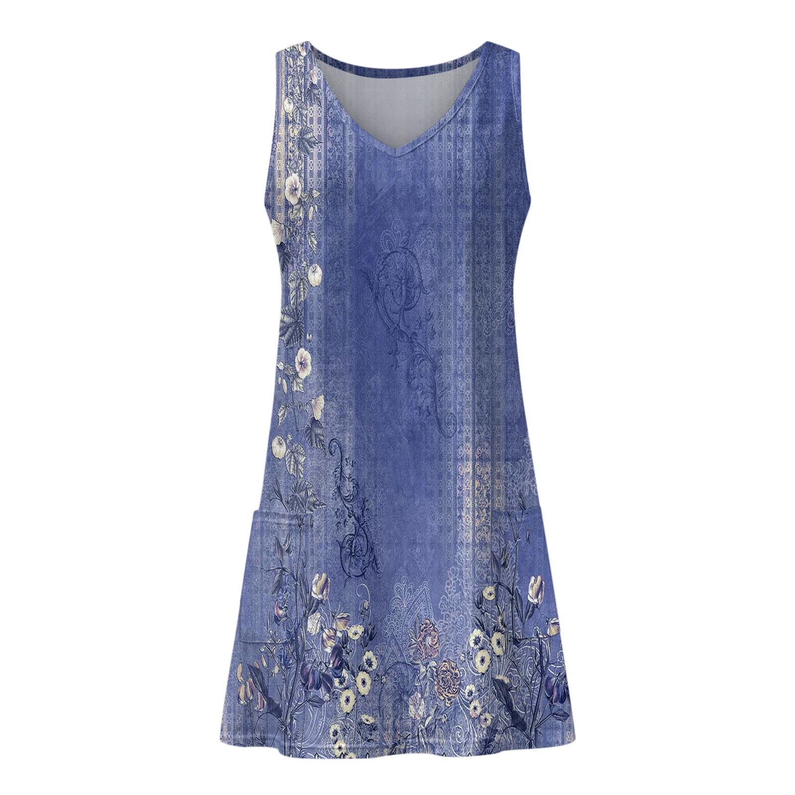Women's Summer Dresses - Loose V-Neck Tank Sundress with Pockets | Floral/Plain/Eyelet Designs | Beach Cover-Up, Vacation Outfit, Casual Wear for Women