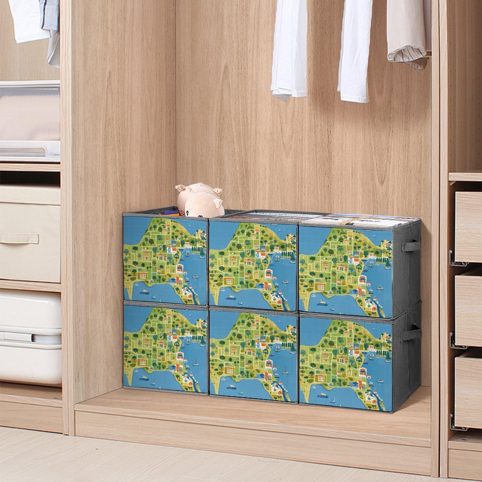 6-Piece Collapsible Storage Bins with Handles - Greece Map Printed Foldable Storage Boxes for Home Organization, Shelves, Closet & Office (Multi-Functional Storage Baskets) - Perfect for Organizing Toys, Books, Clothes & Household Items