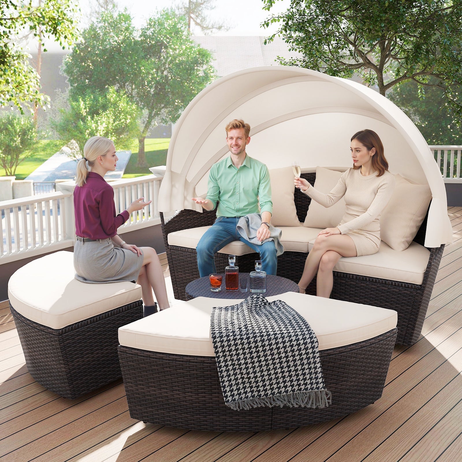 White Round Patio Daybed with Retractable Canopy - Outdoor Lounge Furniture for Poolside, Garden, and Backyard Relaxation