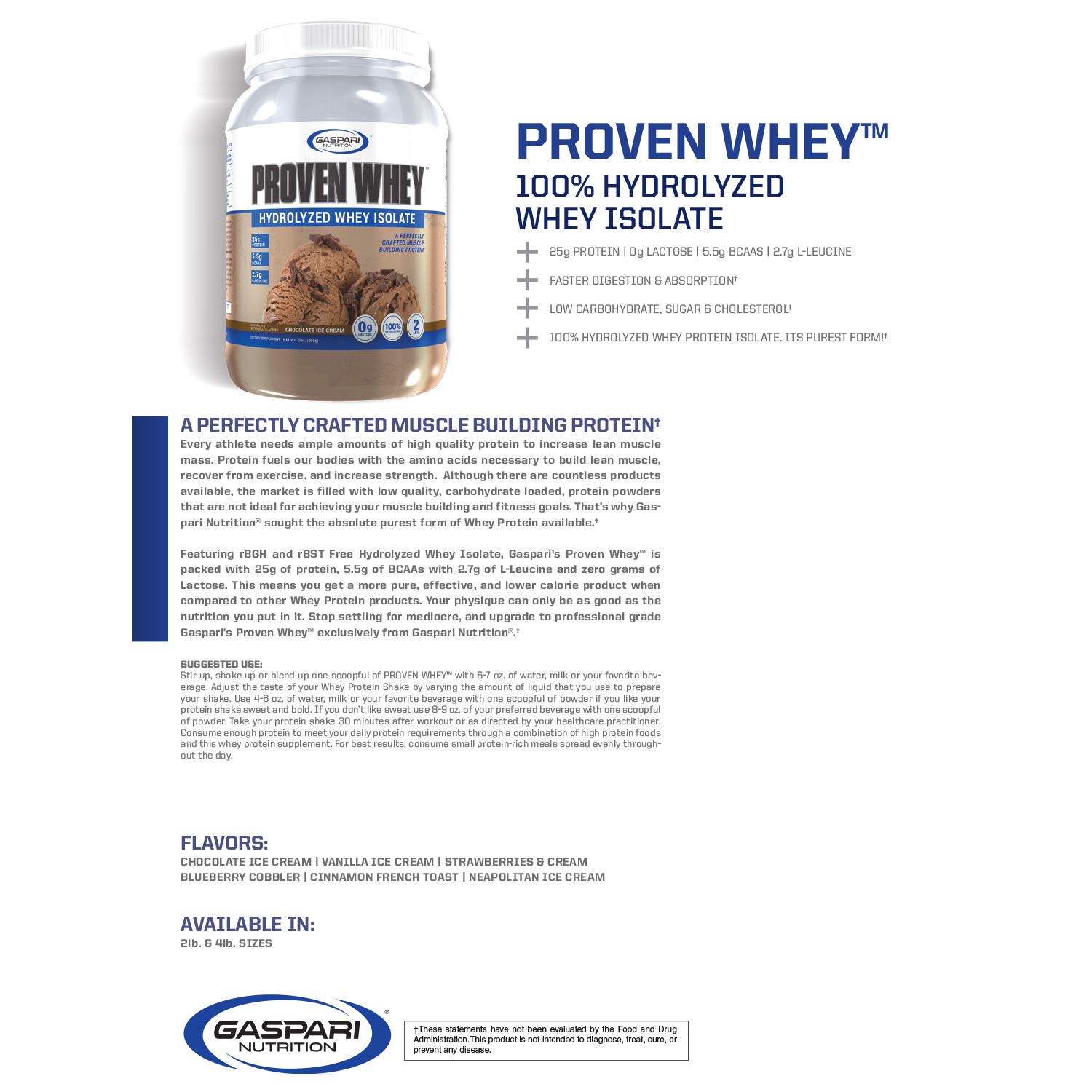 Gaspari Nutrition Proven Whey - 100% Hydrolyzed Whey Protein Isolate Powder | 4lb Chocolate Ice Cream Flavor | High Protein, Lactose Free, Low Carb & Sugar | Perfect for Post-Workout Recovery & Muscle Building