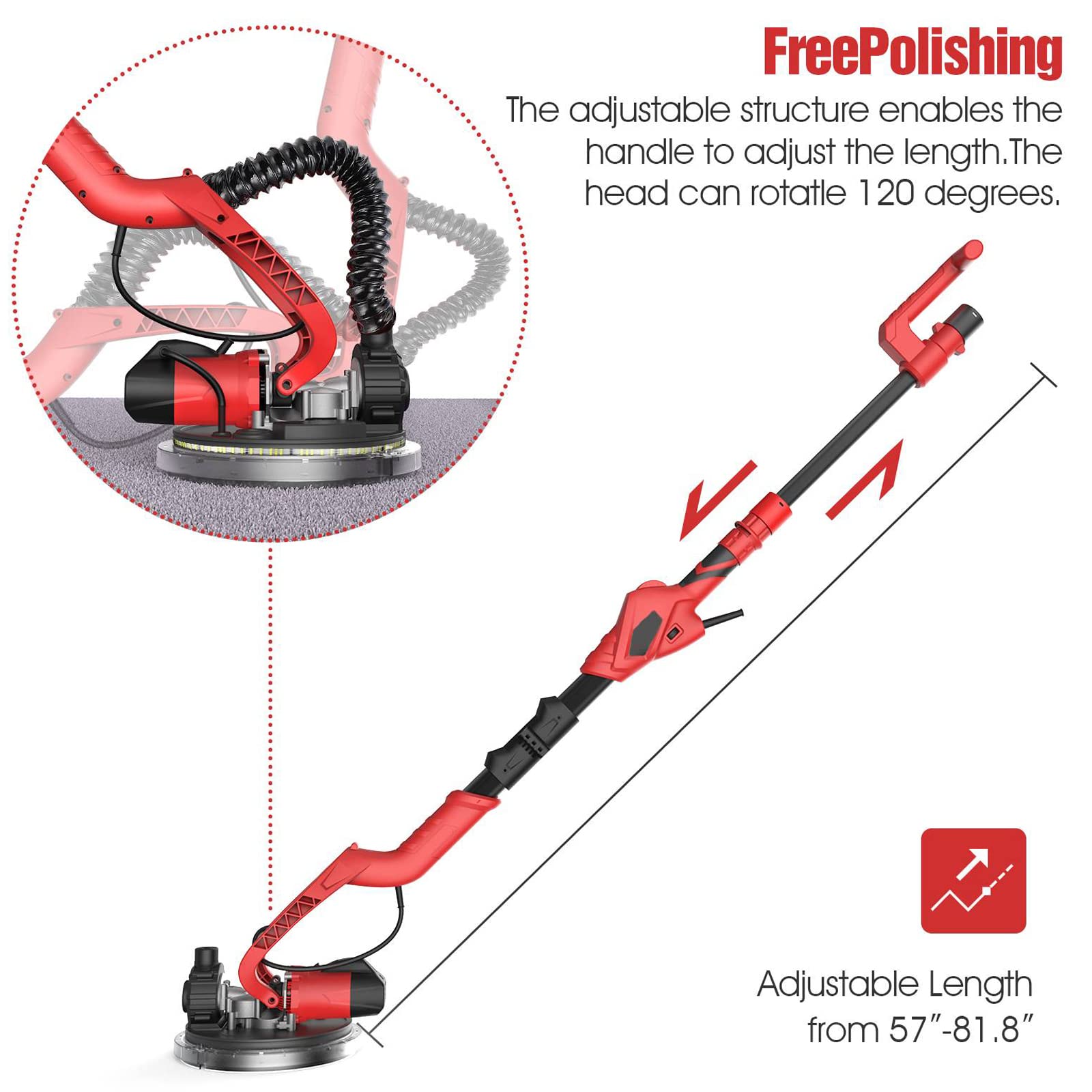 750W Electric Drywall Sander with Vacuum Dust Collection - 6 Speed Adjustable (1000-1850 RPM) for Popcorn Ceiling Removal - Includes 14Pcs Sandpaper, LED Light & Foldable Handle - Perfect for Home Renovation, Drywall Repair and DIY Projects