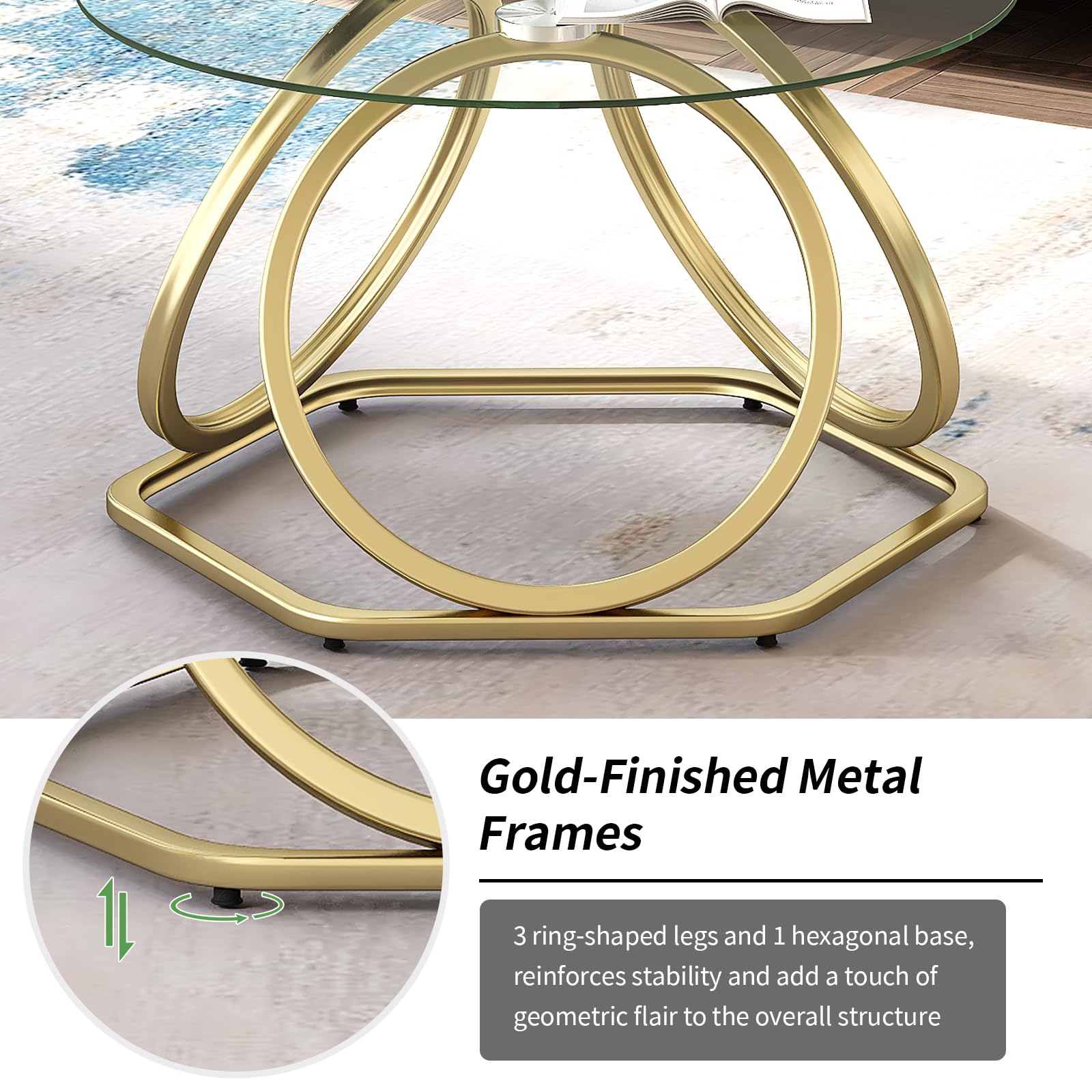 Modern Gold Glass Coffee Table with Hexagonal Base - Round Living Room & Office Table - Elegant Gold Finish - Perfect for Home Decor, Lounge, and Workspace - 1 PC