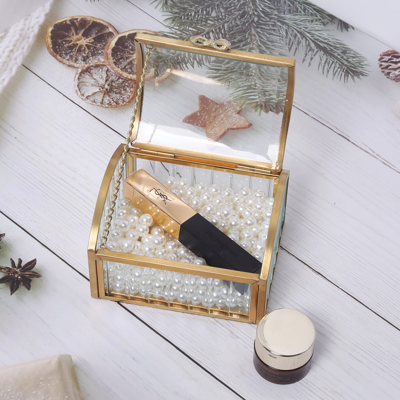 LONGSHENG Elegant Gold Jewelry Trinket Box - Glass Decorative Storage Box for Bracelets, Necklaces, Rings & Watches - Perfect for Vanity, Dresser & Gift Giving (Small Size) - Since 2001
