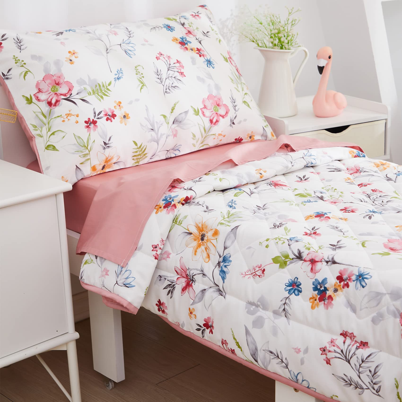 Brandream Watercolor Floral Toddler Bedding Set - 4 Piece Pink Gray Green White Cotton Comforter for Girls Nursery | Soft Baby Bedding for Cribs, Daycare & Cozy Bedrooms