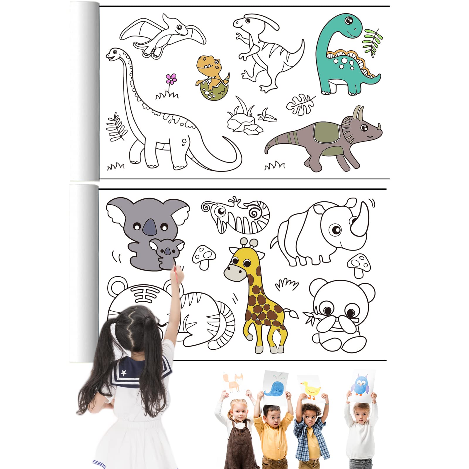 MAGIDOVE Kids Drawing Paper Roll 120 Inch - Dinosaur & Animal Coloring Poster for Classroom, DIY Painting Wall Art, Educational Coloring Book for Children | Perfect for Home, School & Creative Play