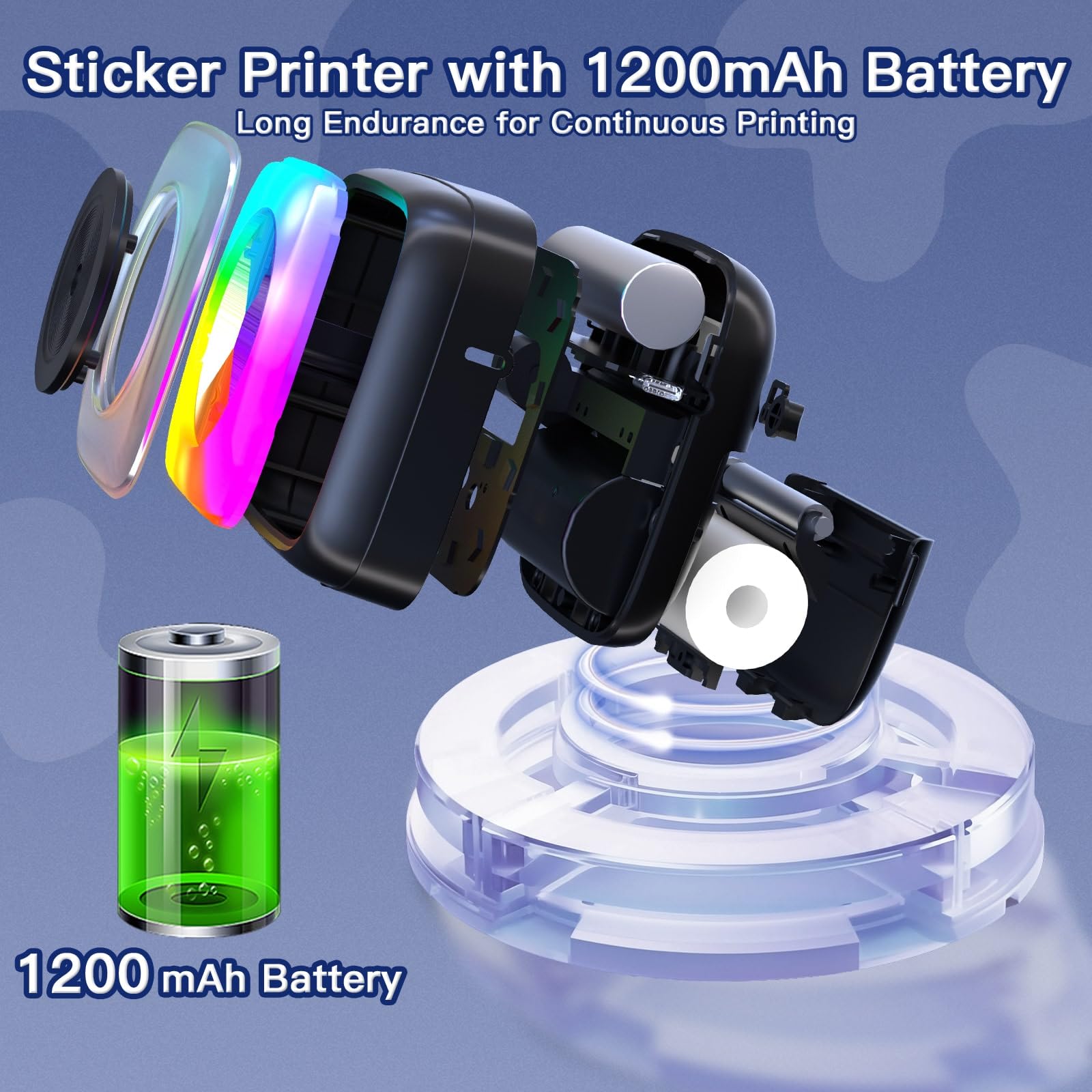Portable Mini Sticker Printer with 6 Rolls Sticker Paper - 7 Color LED Light Modes for DIY Scrapbooking, Travel Journaling, Note Taking & Labeling | Wireless Bluetooth Compatible with iPhone & Android Phones | Perfect for School, Office & Home Organization
